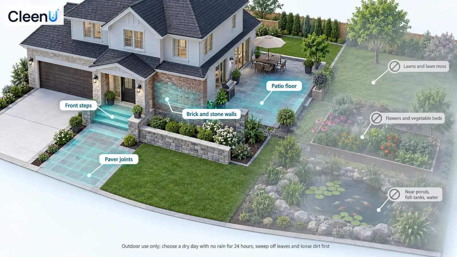 Illustration: Highlighted house steps, walls and paving beside outdoor material precautions.