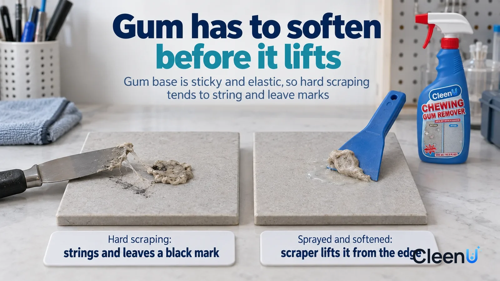Illustration: CleenU Chewing Gum Remover — A landscape medium close-up of a small experiment in a cleaning lab: two identical light grey tile samples side by side on a white test benc Headline: "Gum h