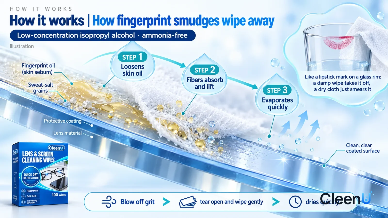 Illustration: CleenU Lens & Screen Cleaning Wipes — an enormously magnified slice of an eyeglass lens runs diagonally from upper left to lower right