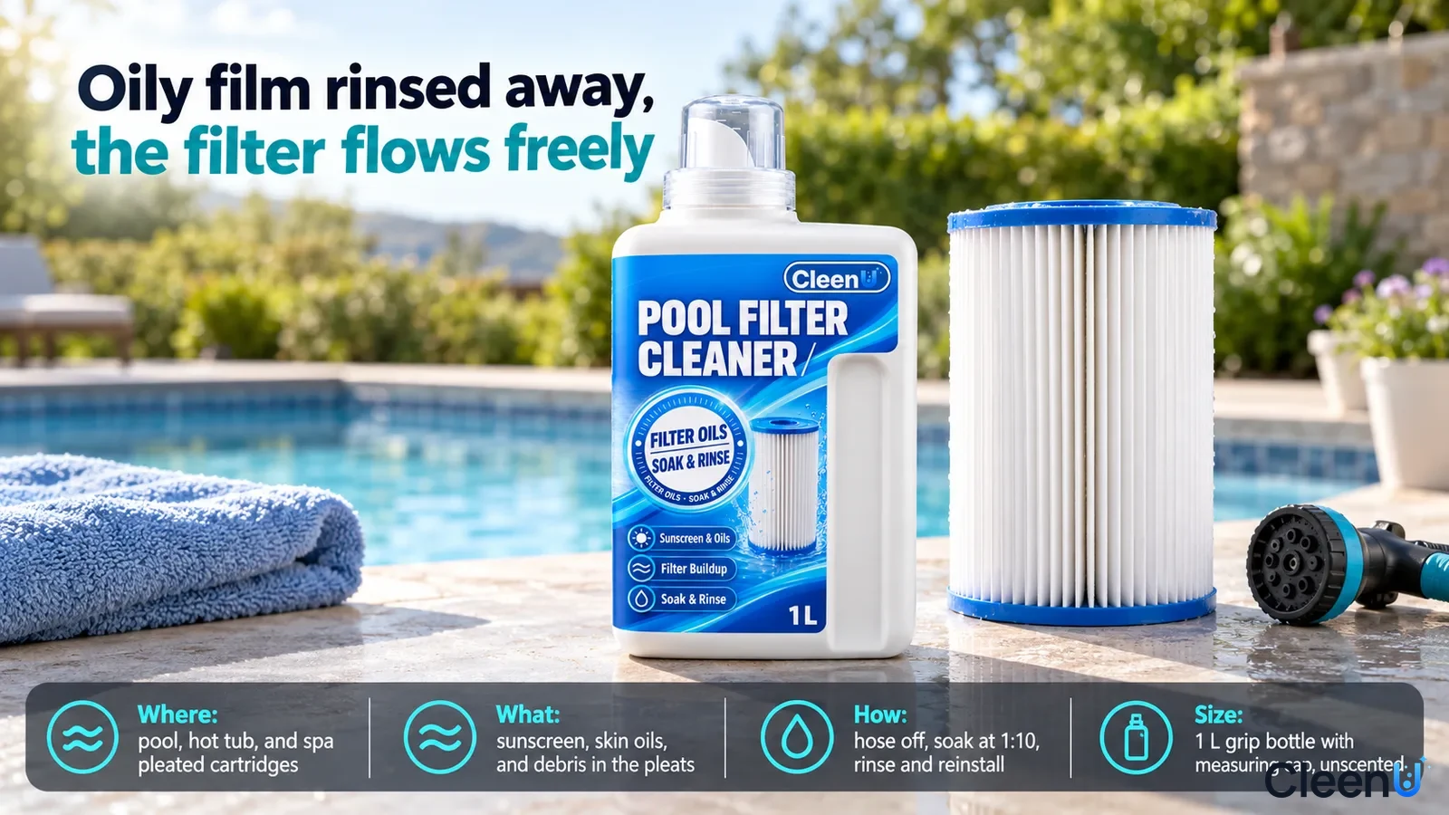 Illustration: A white cleaner bottle, white pleated cartridge, blue towel and hose beside a swimming pool.