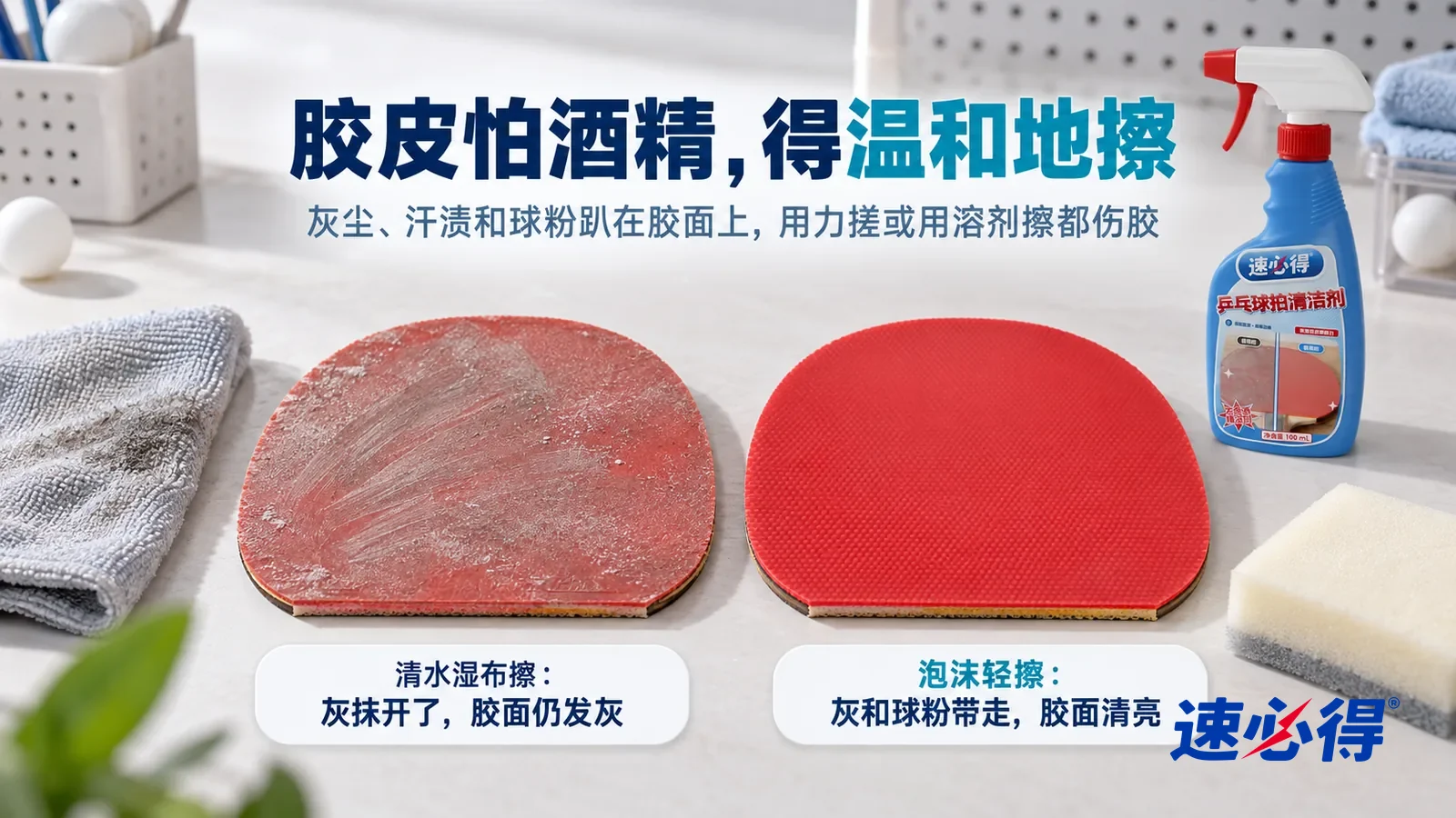 示意图：速必得乒乓球拍清洁剂——白色测试台上并排放着两块同样的红色反胶胶皮样片，原本都一样发灰、粘着细灰和白色球粉，标题“胶皮怕酒精，得温和地擦”