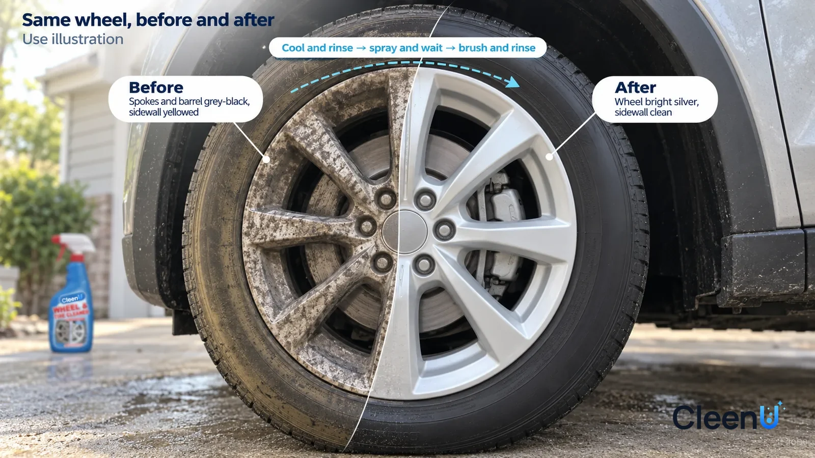 Illustration: CleenU Wheel & Tire Cleaner — A full-screen low-angle close-up of a silver multi-spoke wheel in the same side light, no bottle, no badge in the wheel center