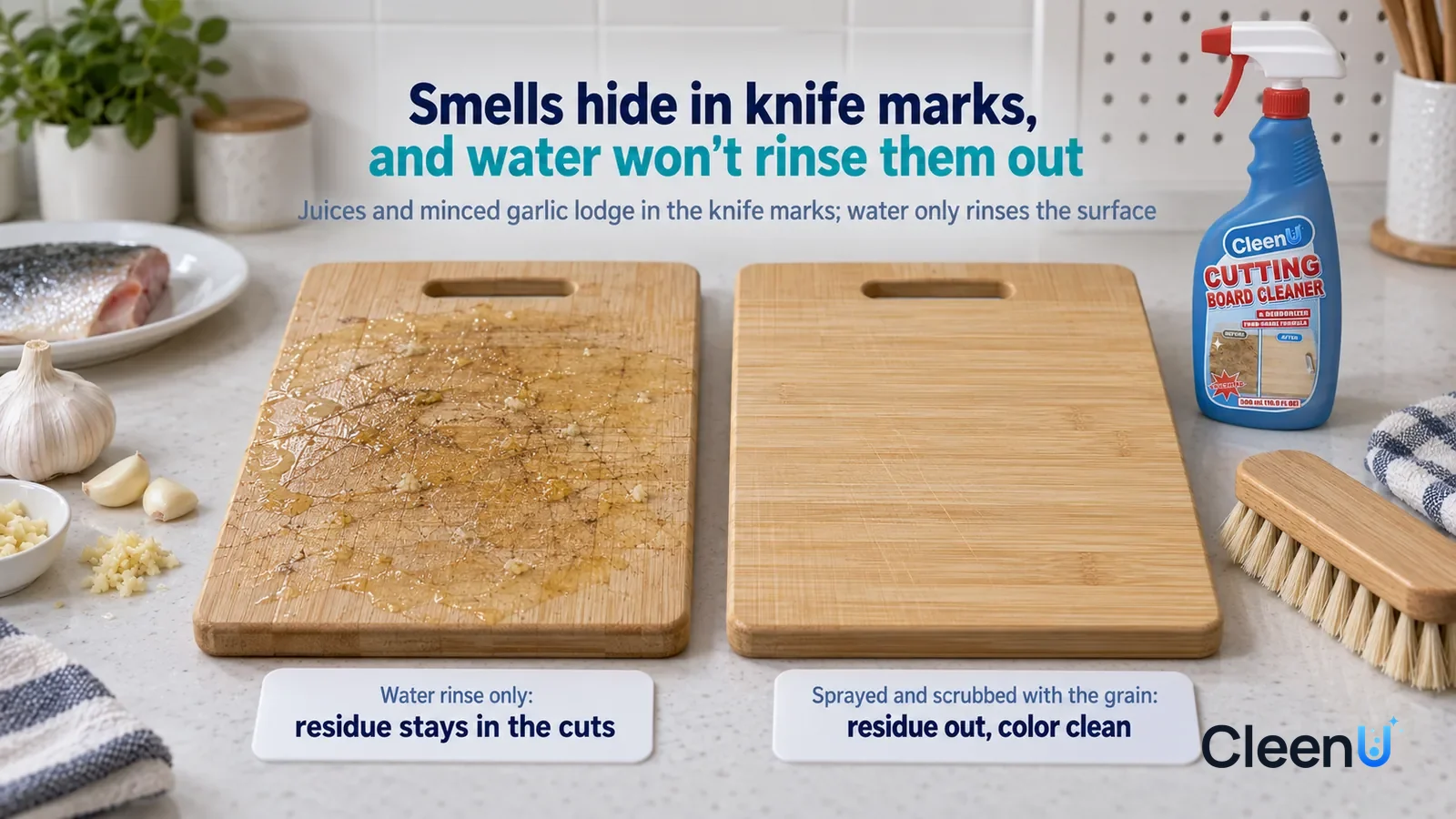 Illustration: CleenU Cutting Board Cleaner & Deodorizer — A landscape medium close-up of a small experiment in a cleaning lab: two identical bamboo board samples side by side on a white test bench Hea