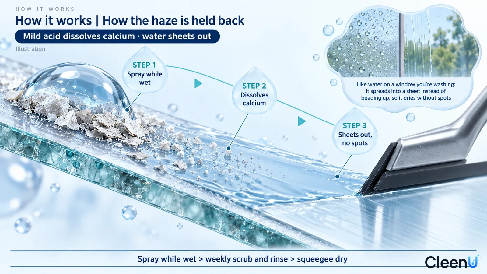 Illustration: A glass surface cross-section with white particles, water drops and a squeegee.