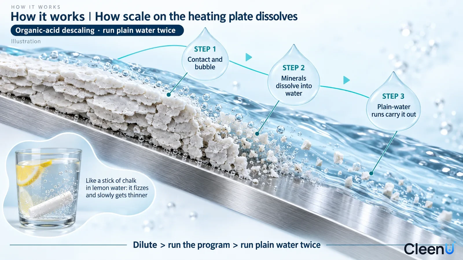 Illustration: A metal heating-plate cross-section with scale, water and drops with a lemon-water glass inset.