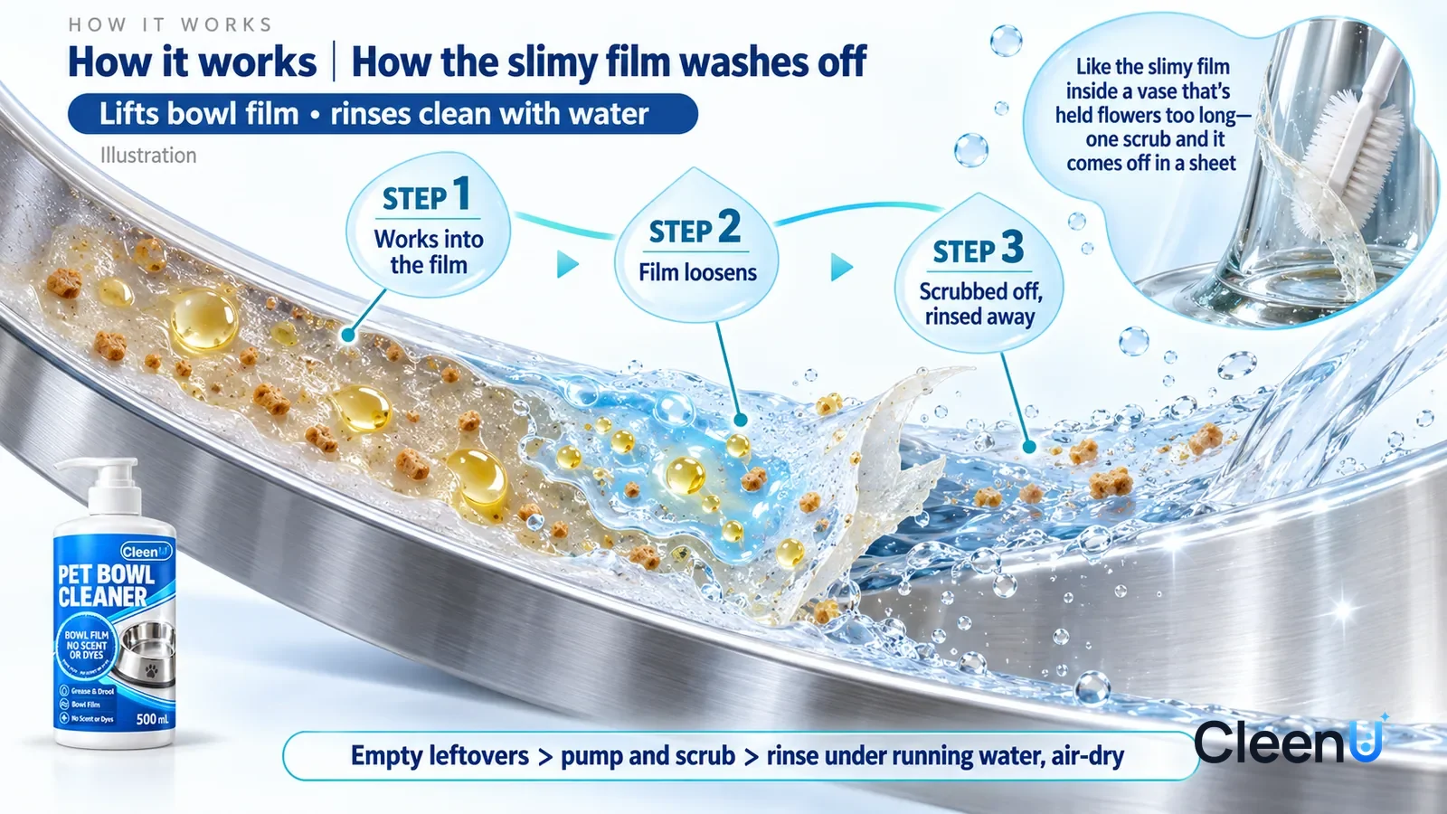 Illustration: CleenU Pet Bowl Cleaner — an enormously magnified slice of a stainless-steel bowl wall runs diagonally from upper left to lower right; on the left a translucent
