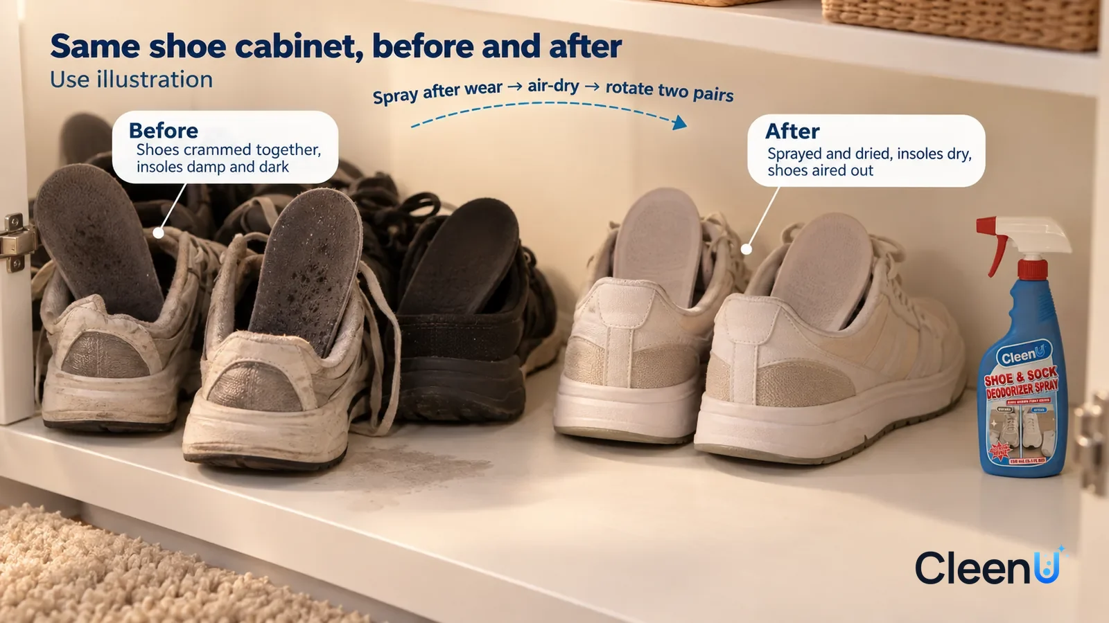 Illustration: CleenU Shoe & Sock Deodorizer Spray — A full-screen low-angle close-up inside an open white shoe cabinet in the same raking light
