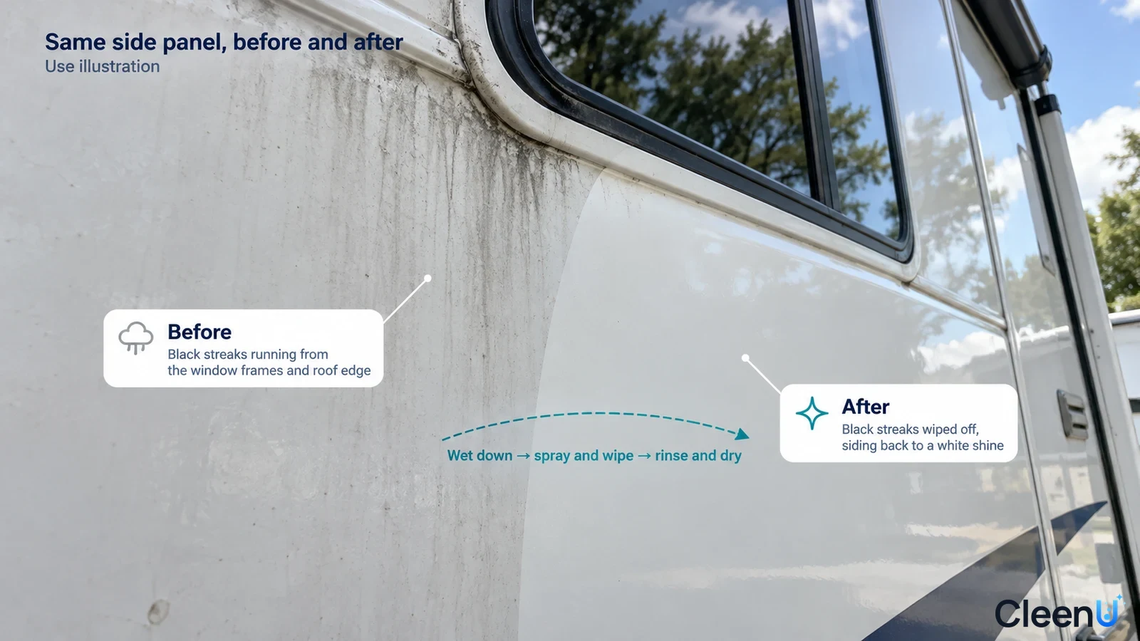 Illustration: Black streaks below an RV window beside a clearer siding area; not a measured cleaning test.
