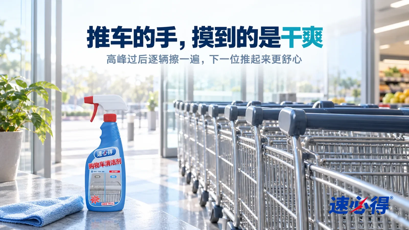 示意图：速必得购物车清洁剂——清晨开门前的超市入口，没有任何招牌文字，一排干净整齐的金属购物车套在一起，塑料把手颜色均匀、干干爽爽，柔和晨光从玻璃门斜照进来，地面光洁，标题“推车的手，摸到的是干爽”