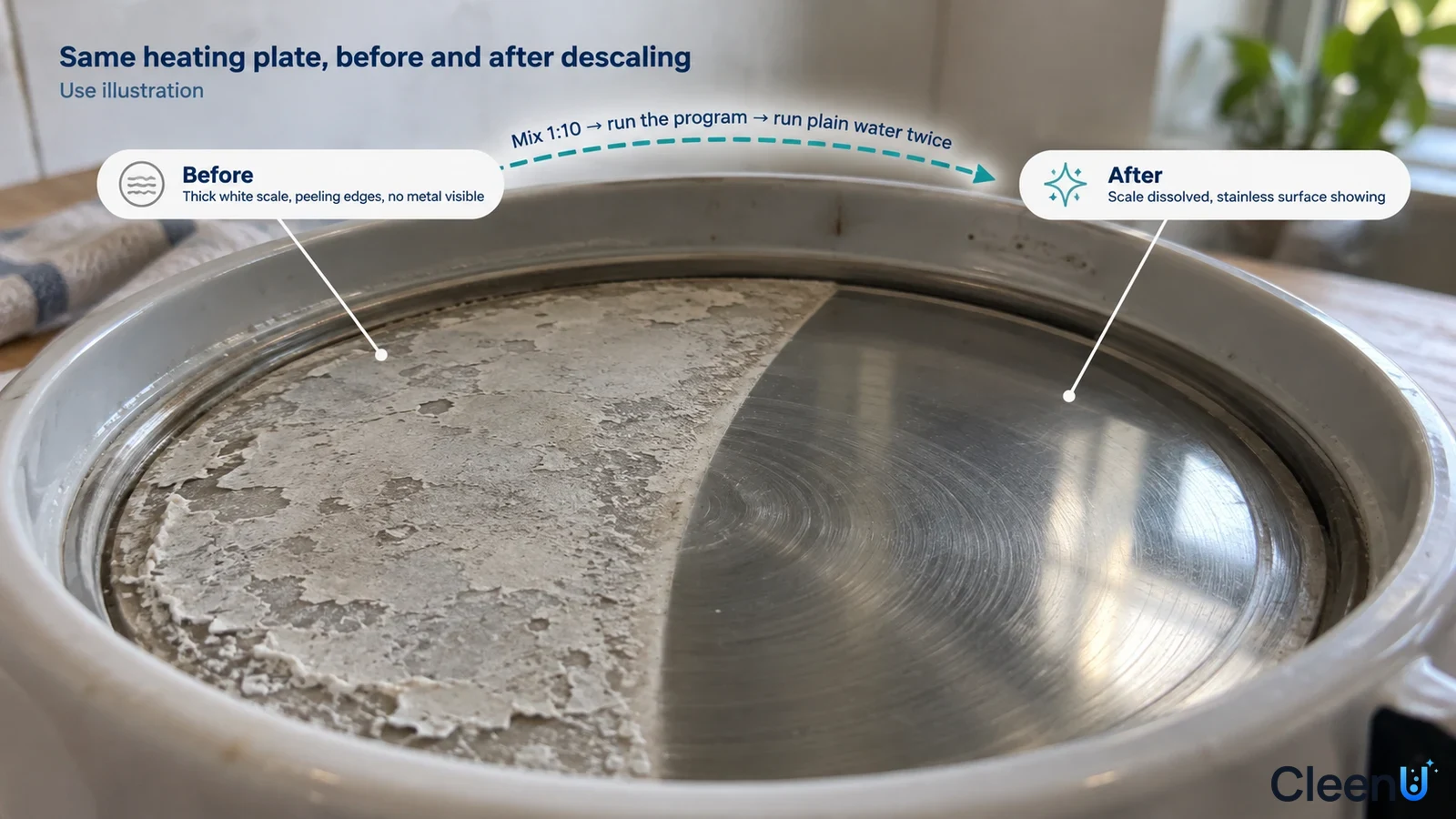 Illustration: White scale and a clearer area on a metal steamer heating plate; not a measured descaling test.