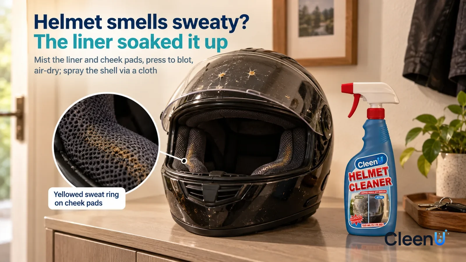 Illustration: CleenU Helmet Cleaner — An everyday entryway, a black full-face motorcycle helmet (no brand marks) on the entryway cabinet Headline: "Helmet smells sweaty? The liner soaked it up"