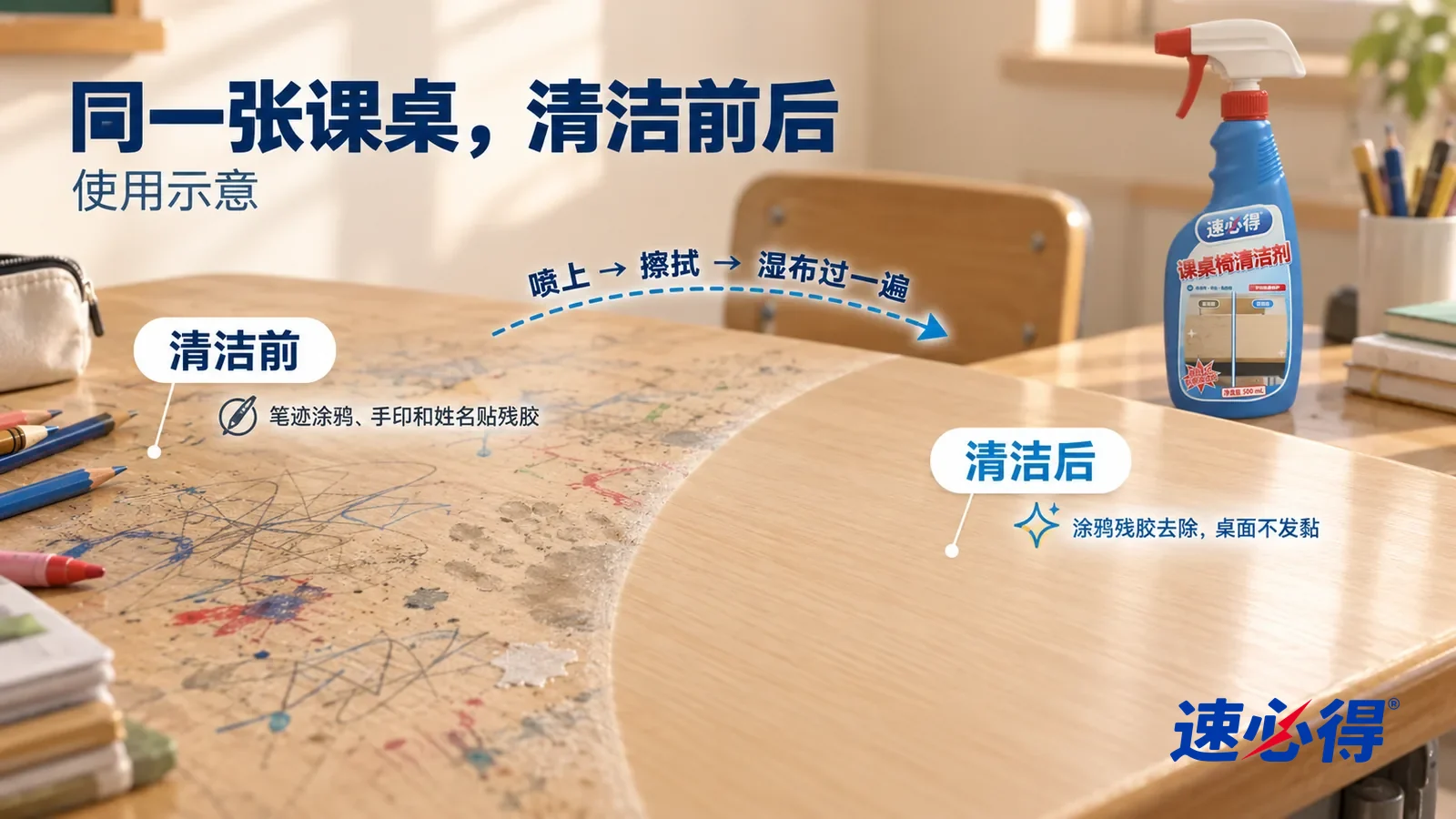 示意图：速必得课桌椅清洁剂——整屏一张浅木纹贴面课桌桌面的低角度大近景，同一侧光，不出现人：没处理的一侧布满铅笔和圆珠笔涂鸦、水彩笔印