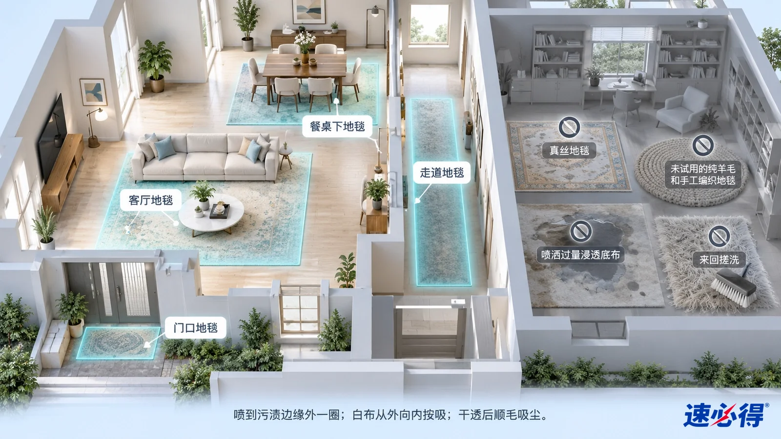 示意图：家居剖面图突出客厅地毯与走廊长地毯，旁边列有材质注意事项图标。