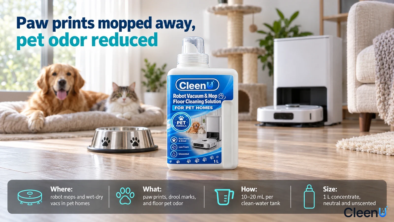 Illustration: A white cleaning-solution bottle, pet bowls, cat, dog and robot-mop docking station.