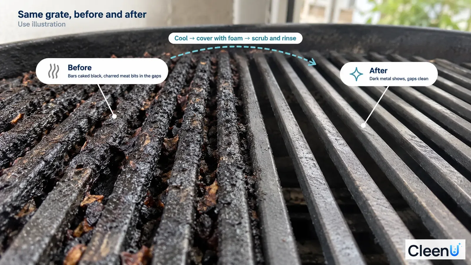 Illustration: Char-covered and exposed metal grill bars; not a measured cleaning test.