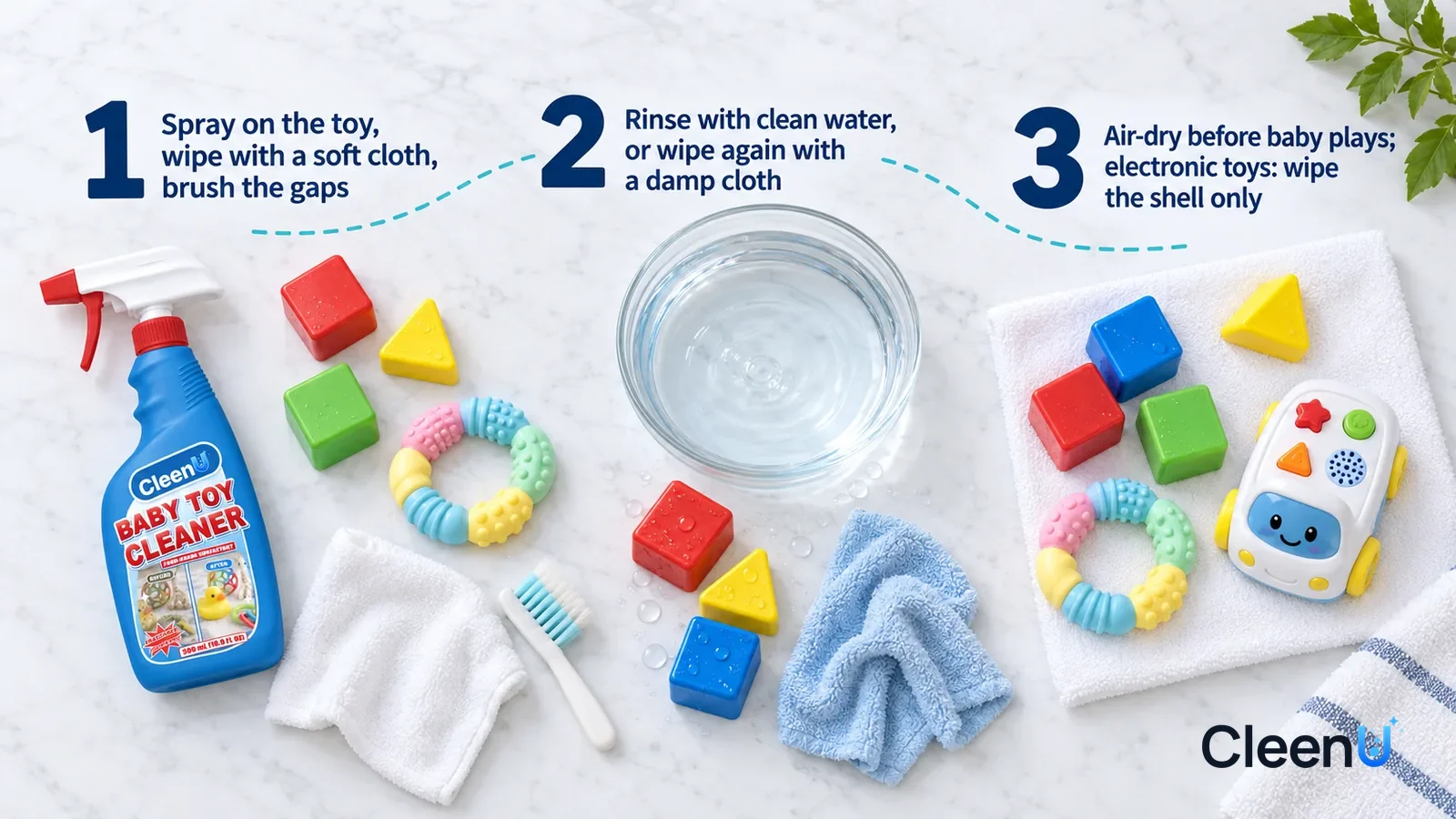 Illustration: CleenU Baby Toy Cleaner — an overhead shot straight down onto a light marble tabletop, no hands: (1) a few dull colorful plastic blocks, a silicone teether ring
