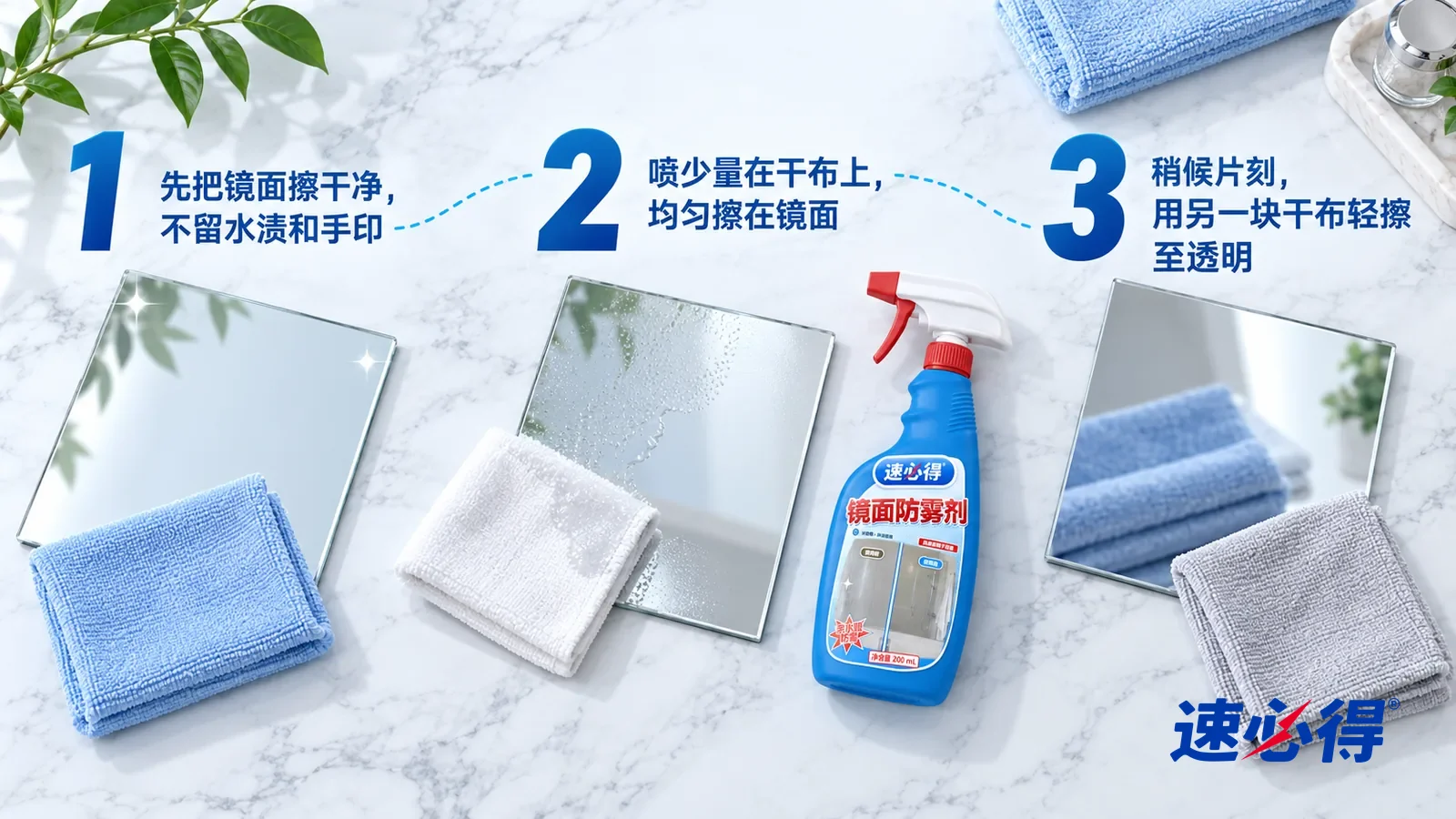 示意图:速必得镜面防雾剂——① 一面平放的方形小镜子刚擦干净,旁边一块叠好的浅蓝色干布;② 同一面镜子一角贴着一块带少量湿痕的白色干布,镜面上一层很薄