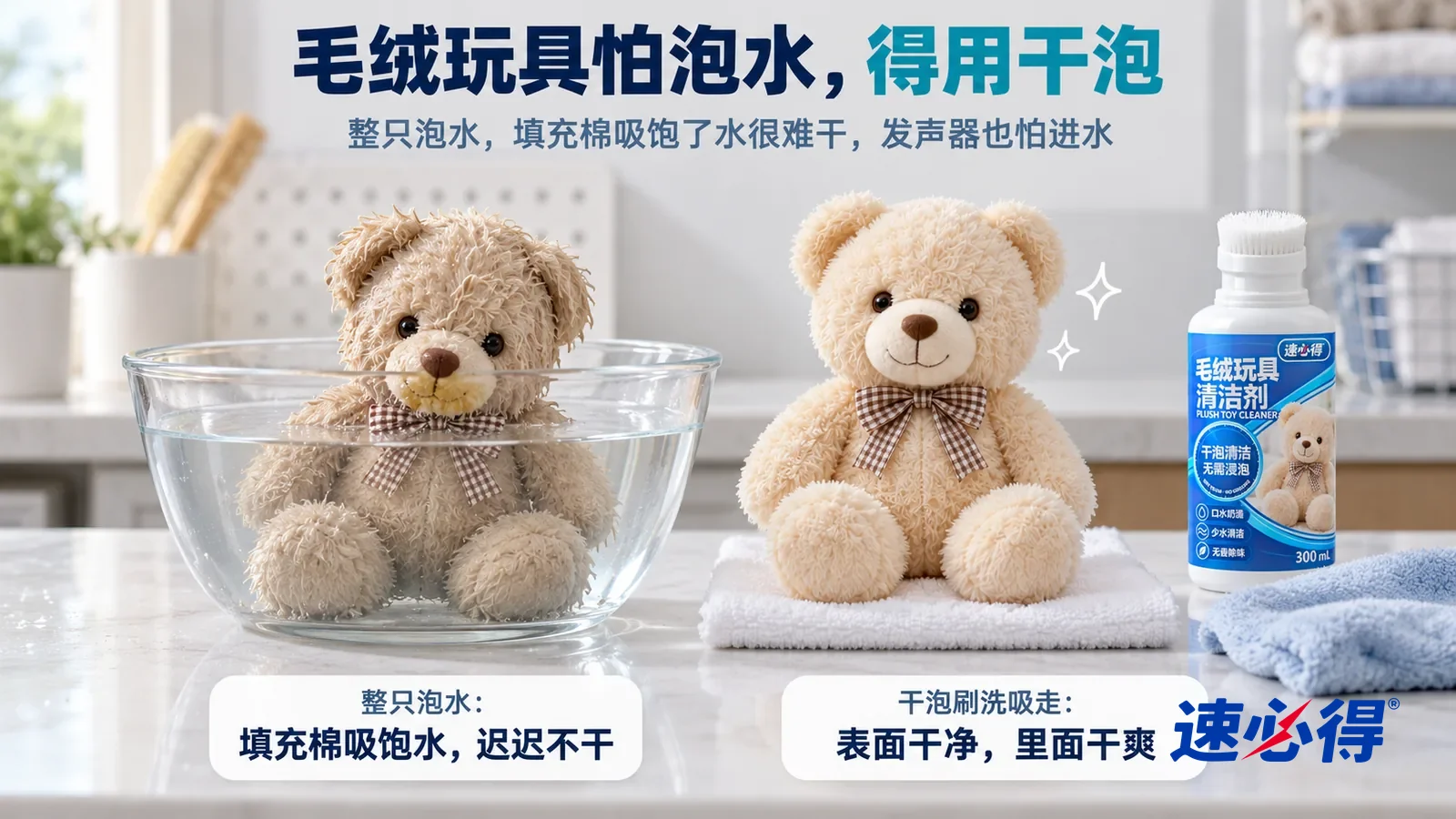 示意图：速必得毛绒玩具清洁剂——白色测试台上并排放着两只同样的小号浅米色毛绒小熊，嘴边都有一样的发黄奶渍，标题“毛绒玩具怕泡水，得用干泡”