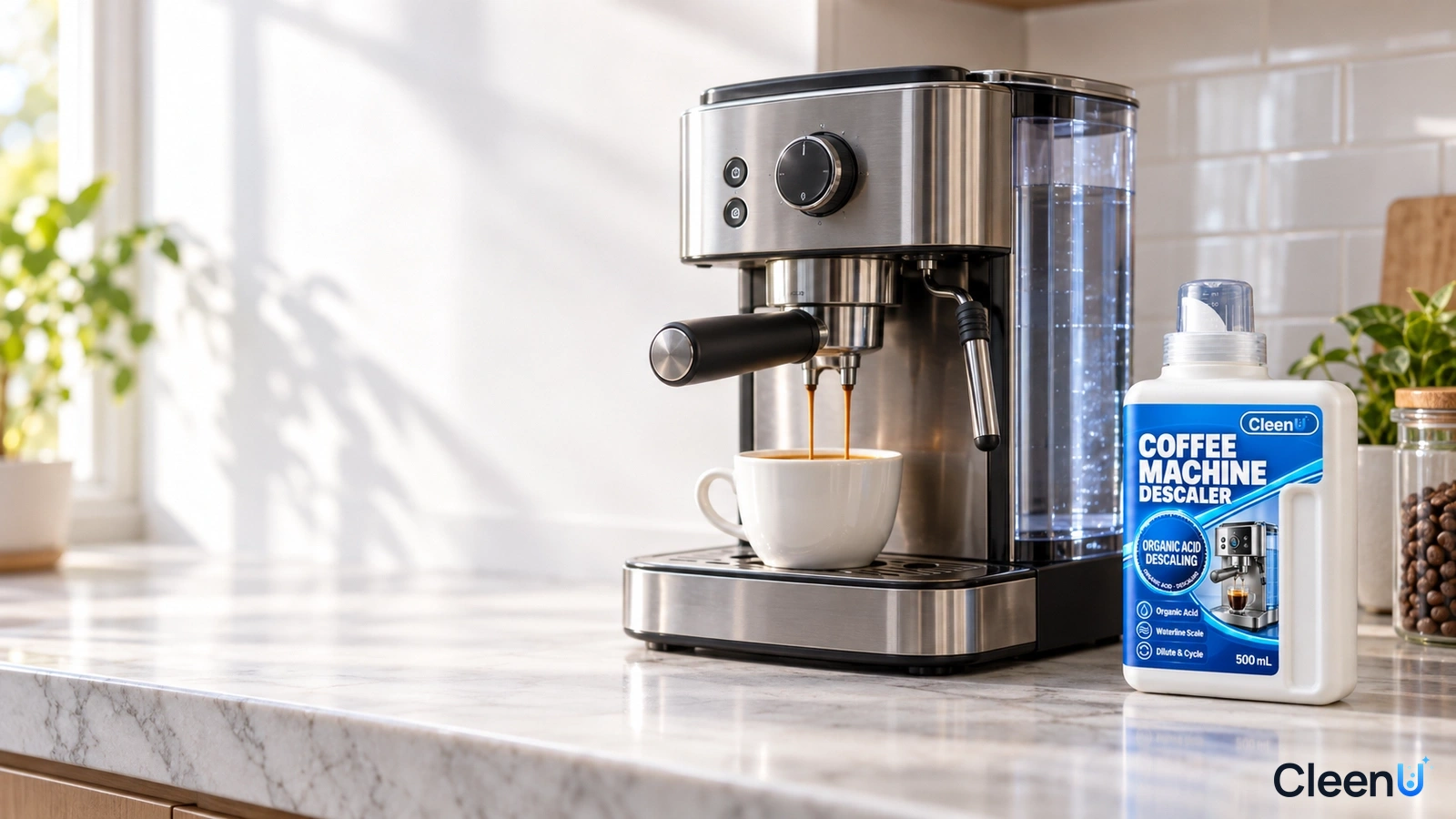 Illustration: A descaler bottle and stainless steel coffee machine on a bright kitchen counter.
