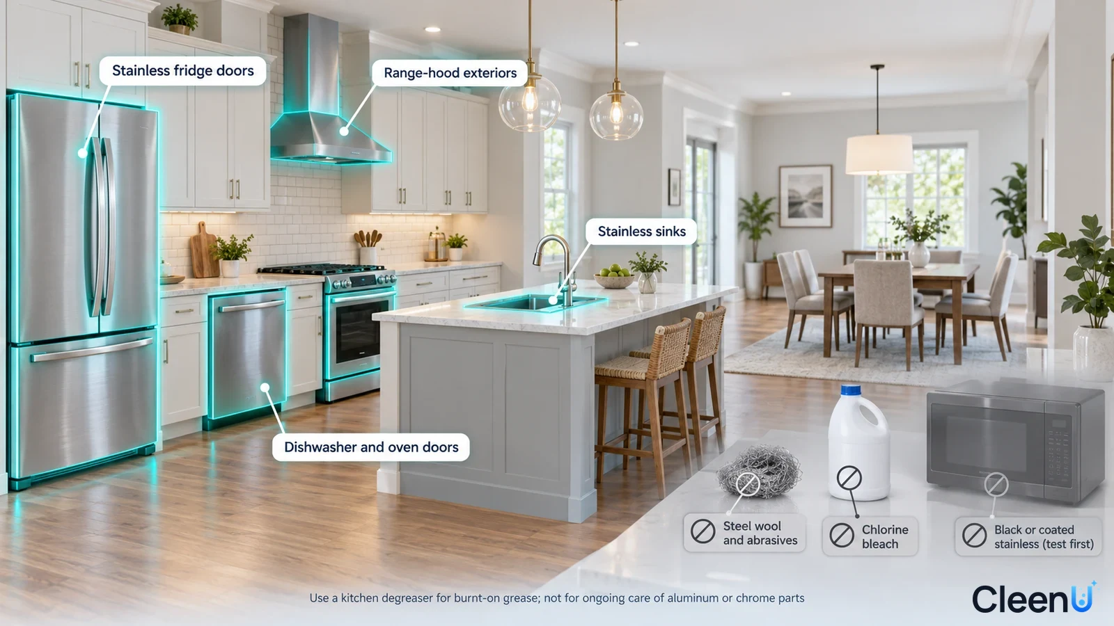 Illustration: Highlighted stainless steel refrigerator, range hood, sink and appliances beside material precautions.