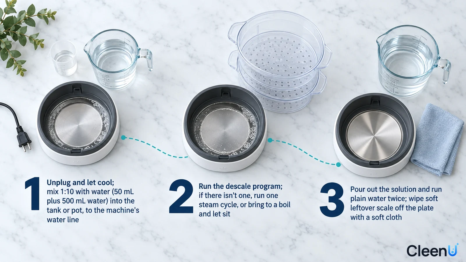 Illustration: Round steamer heating plates, transparent steaming tray, water glasses and cloth with numbered steps.