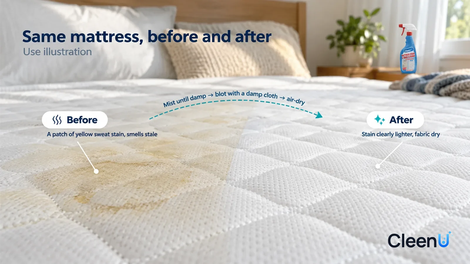 Illustration: CleenU Mattress Stain & Odor Cleaner — A full-screen low-angle close-up of white quilted mattress fabric in the same window light