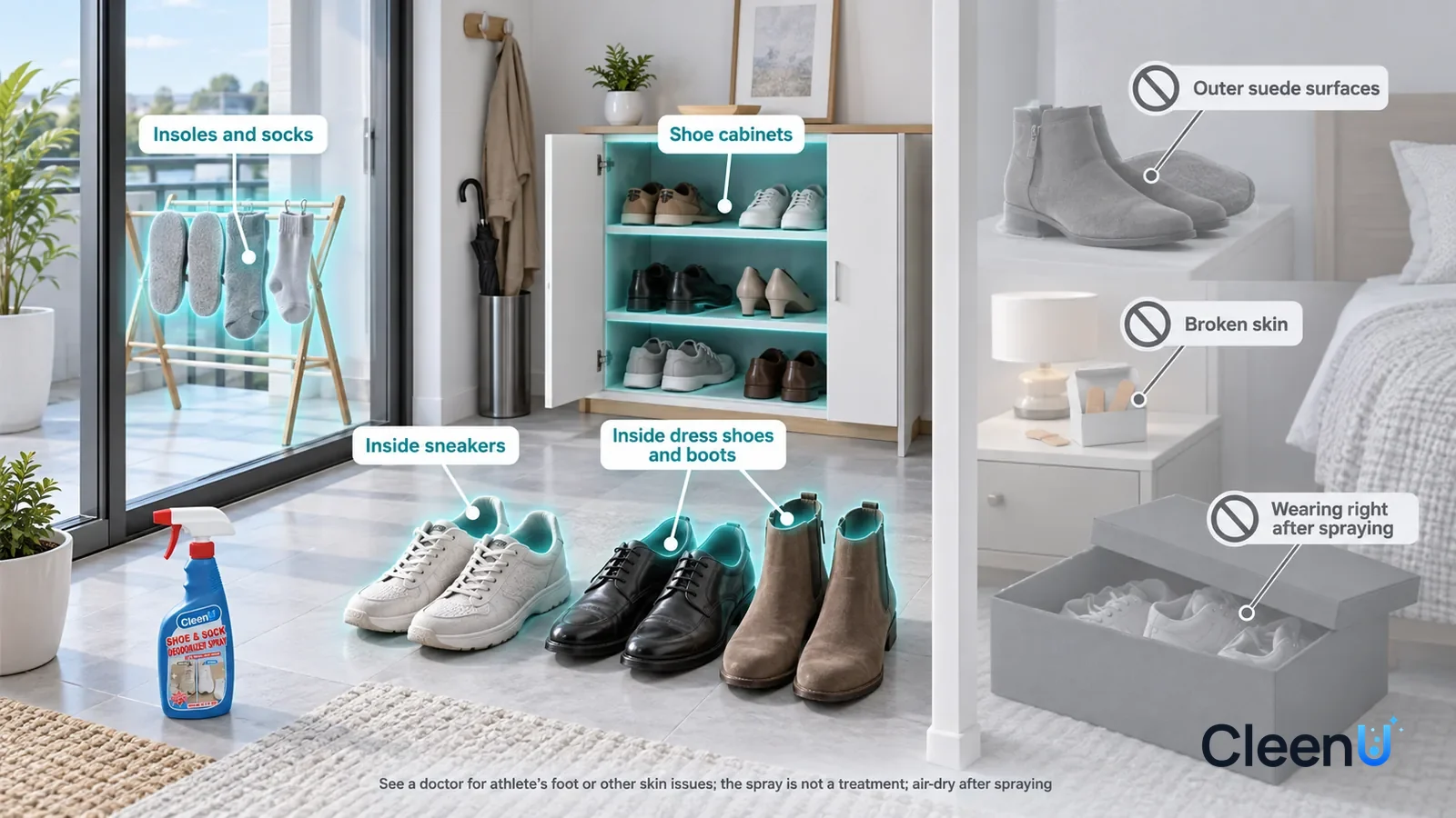 Illustration: CleenU Shoe & Sock Deodorizer Spray — A realistic 3D cutaway of a bright home's entryway, bedroom, and balcony, one continuous space from one viewpoint
