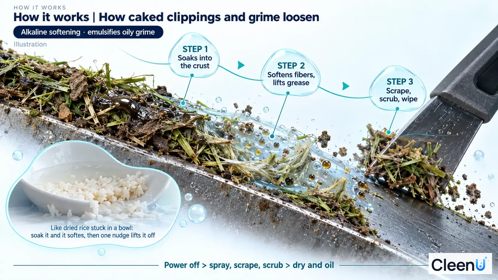 Illustration: A tool surface cross-section with grass clippings, mud, drops and a scraper.