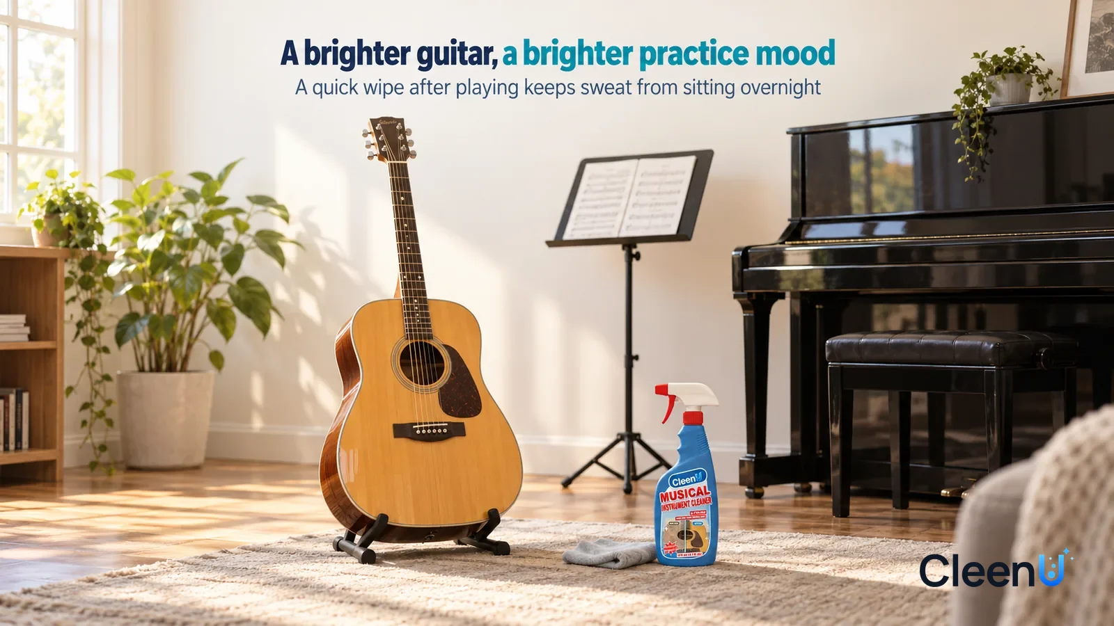 Illustration: CleenU Musical Instrument Cleaner & Polish — A bright afternoon music room, a glossy wooden guitar (no brand marks) on a guitar stand Headline: "A brighter guitar, a brighter practice mo