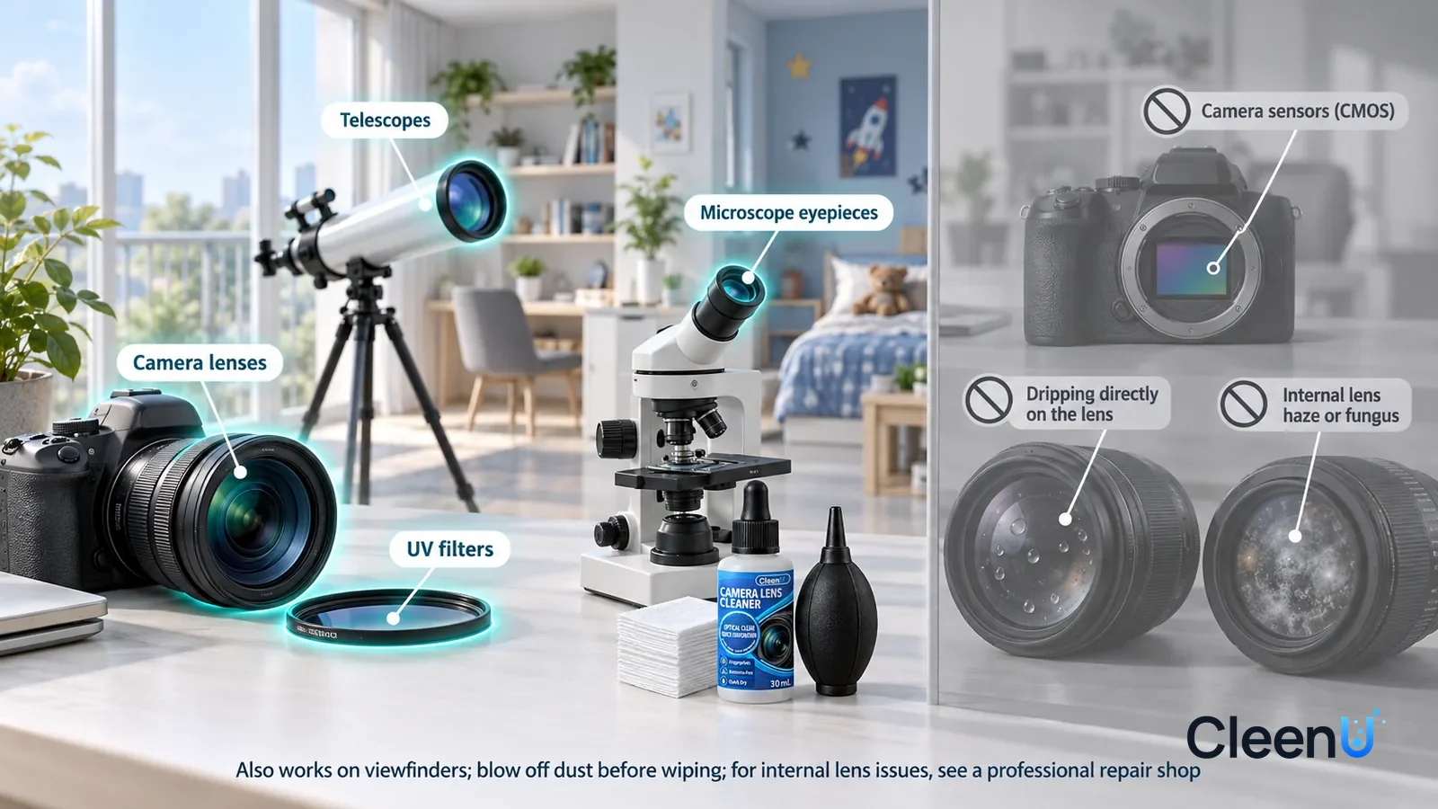 Illustration: CleenU Camera Lens Cleaner — A realistic 3D cutaway of a bright home's study, balcony, and kids' room, one continuous space from one viewpoint: a camera lens