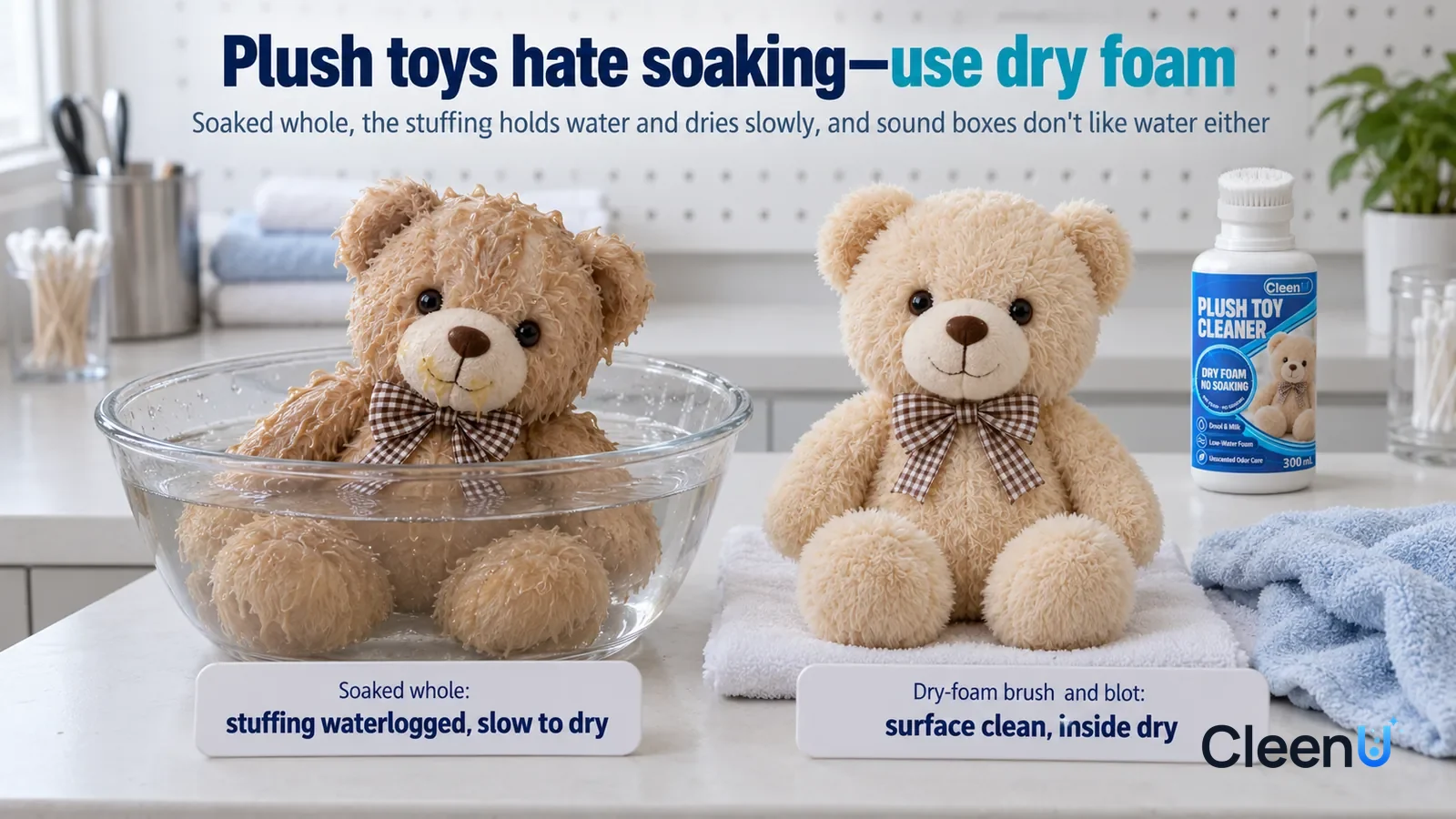 Illustration: CleenU Plush Toy Cleaner — A landscape medium close-up of a small experiment in a cleaning lab: two identical small light beige plush bears side by side on a white tes Headline: "Plush t