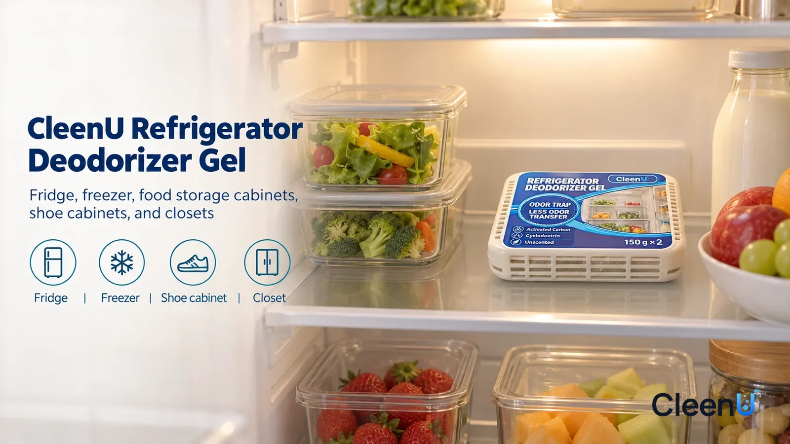 Illustration: CleenU Refrigerator Deodorizer Gel — A clean open refrigerator (no brand marks), soft fridge light, gleaming shelves, food stored in lidded clear containers