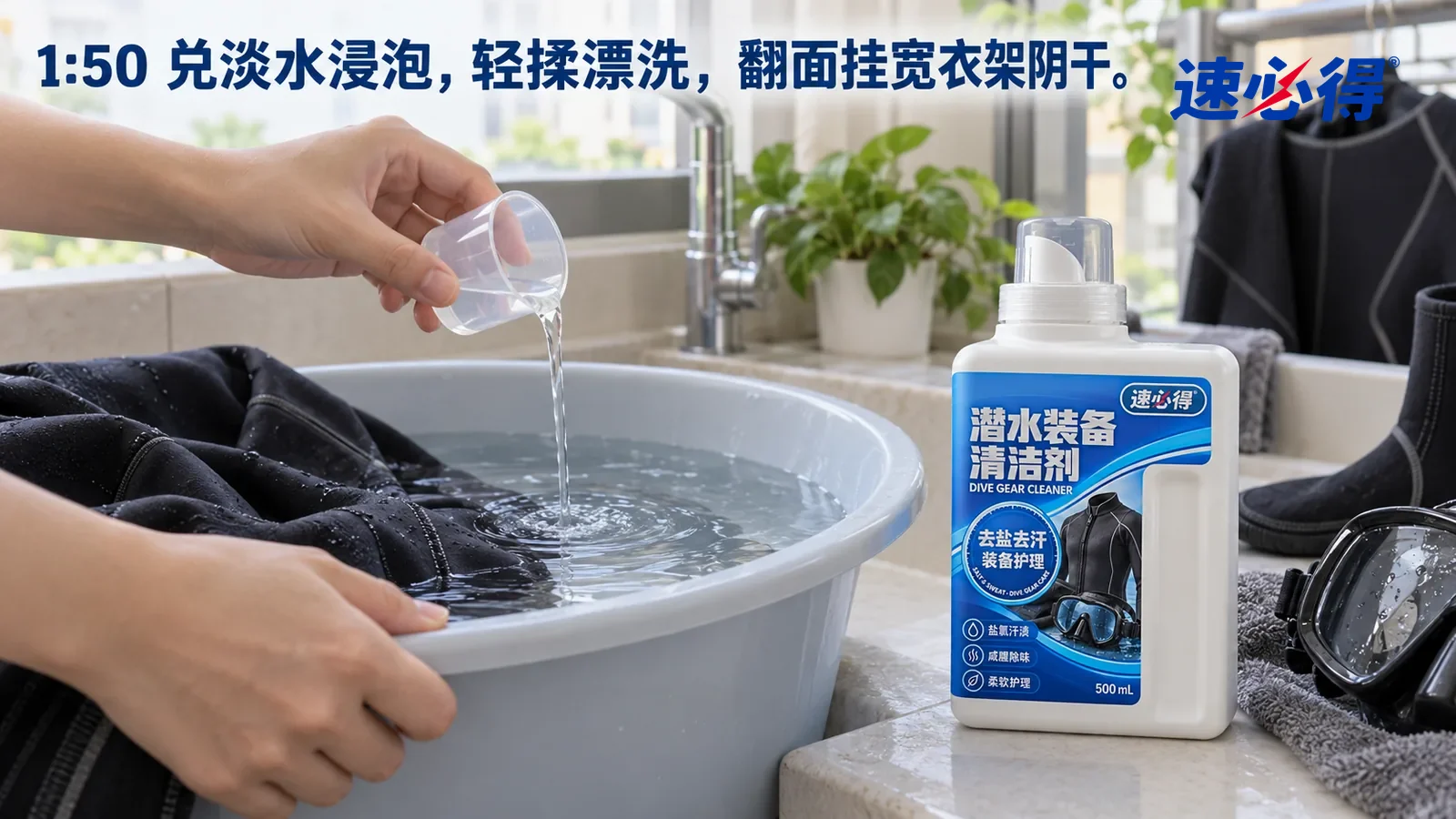 示意图：速必得潜水装备清洁剂——一只手拿着一只单独的小号透明量杯（杯上不画刻度数字），把少量原液倒进一只盛着淡水的大塑料盆里兑水