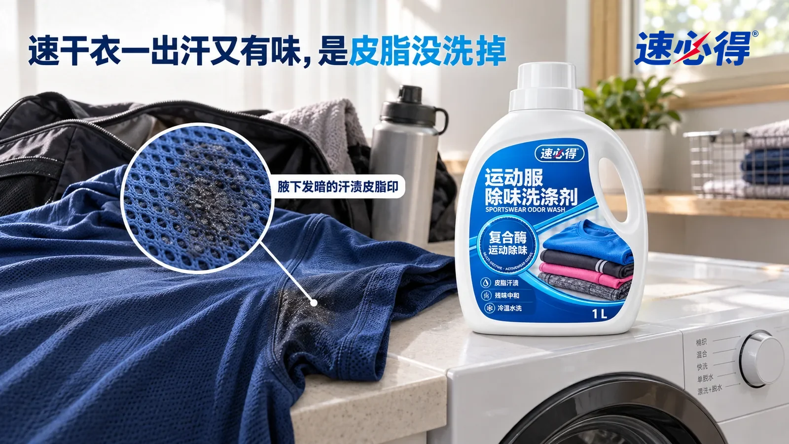 示意图：速必得运动服除味洗涤剂——一个家常洗衣间，一台无品牌标志的白色滚筒洗衣机，旁边台面上一只拉开的运动包，一件深蓝色涤纶速干 T 恤（无任何品牌标志）摊在台面上