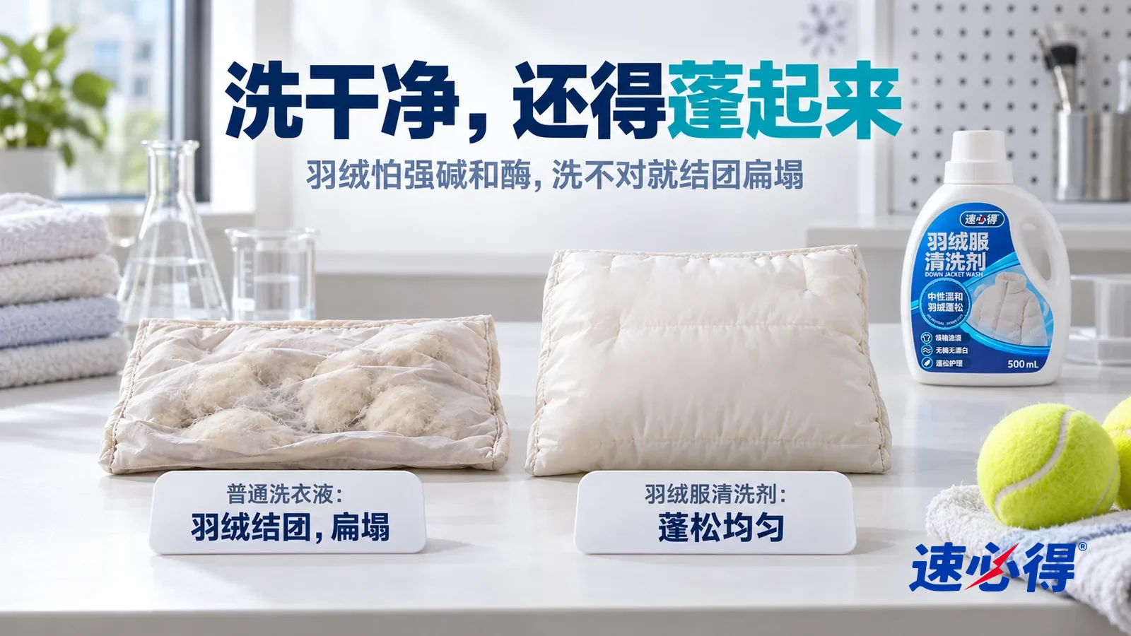 示意图：速必得羽绒服清洗剂——清洁实验室里一个小实验的横向中近景，白色测试台上并排放着两只同样的浅色面料羽绒小样袋，都洗过、晾干，标题“洗干净，还得蓬起来”