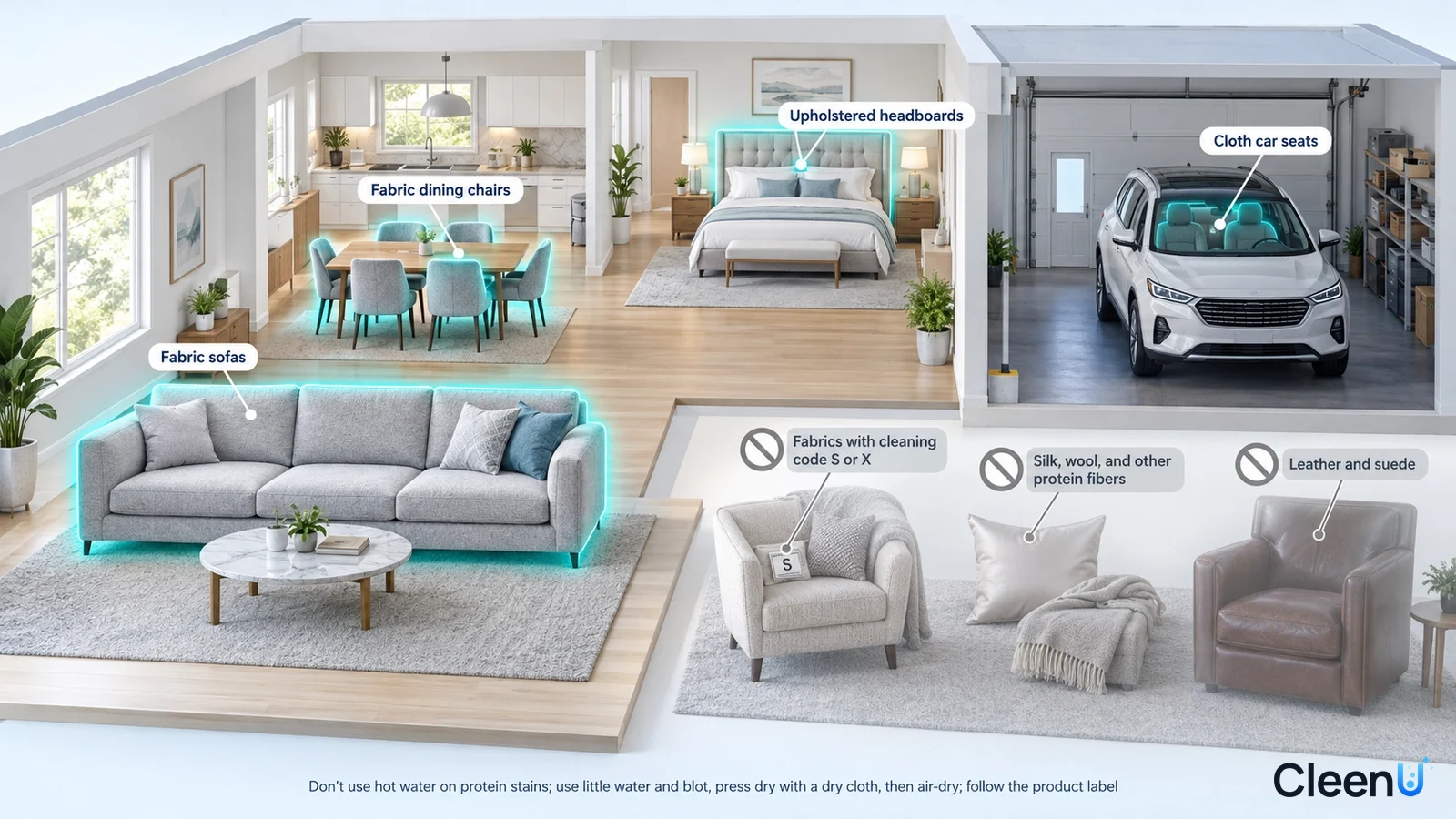 Illustration: A home and garage cutaway highlighting sofas, dining chairs and car seats beside material precaution icons.