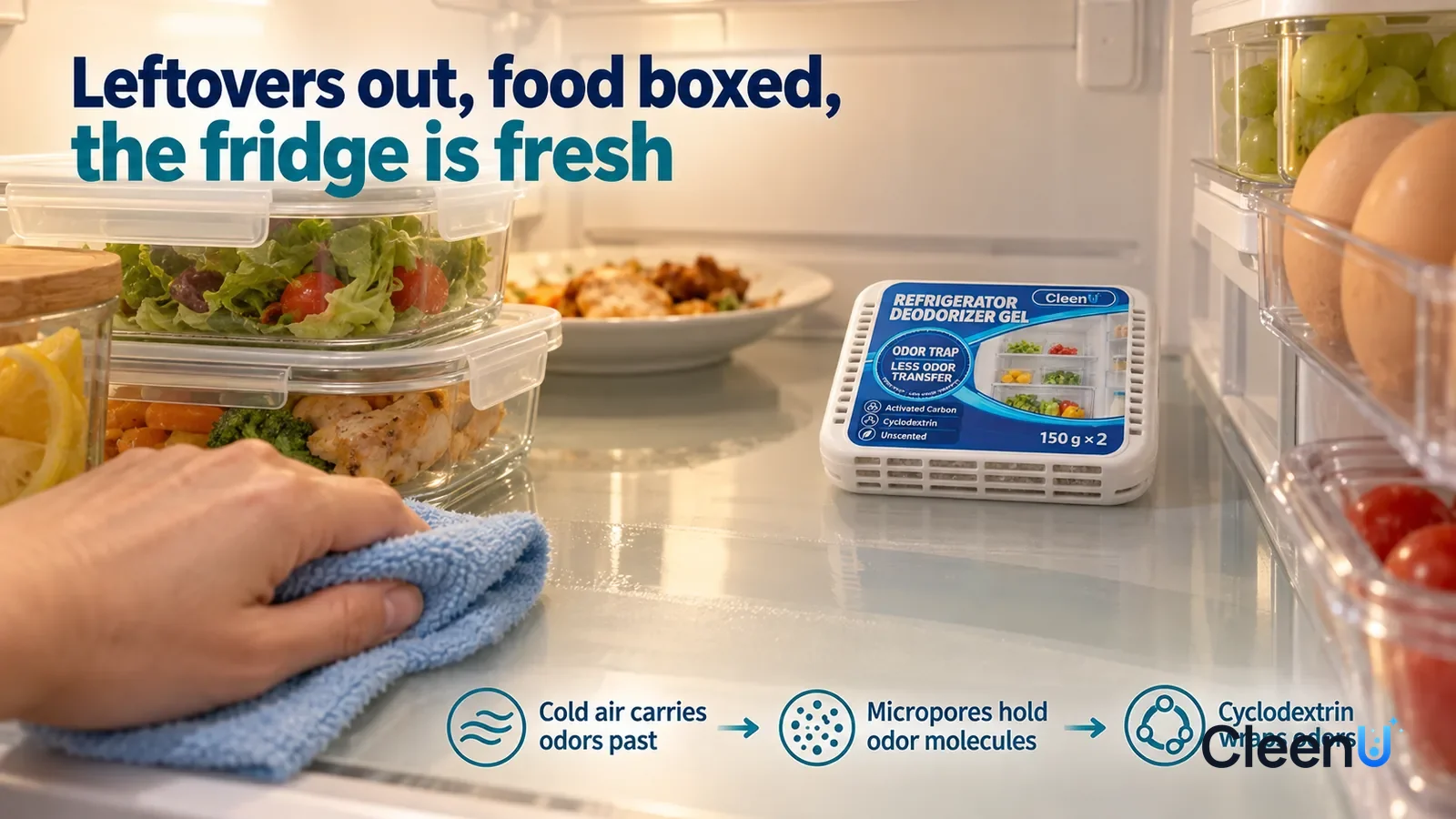 Illustration: CleenU Refrigerator Deodorizer Gel — An open fridge (no brand marks), low close-up of a glass shelf: one hand holds a wrung-out light-blue cloth and is wiping the shelf