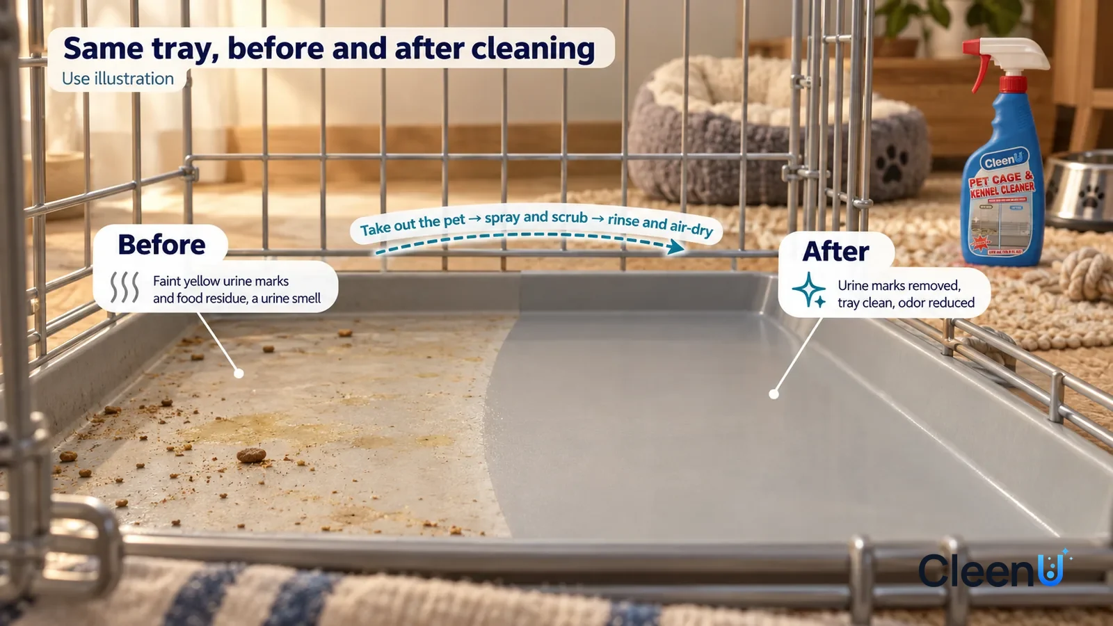 Illustration: CleenU Pet Cage & Kennel Cleaner — A full-screen low-angle close-up of a dog crate's plastic tray, in the same side light: the untreated half has a few faint yellow urine mark