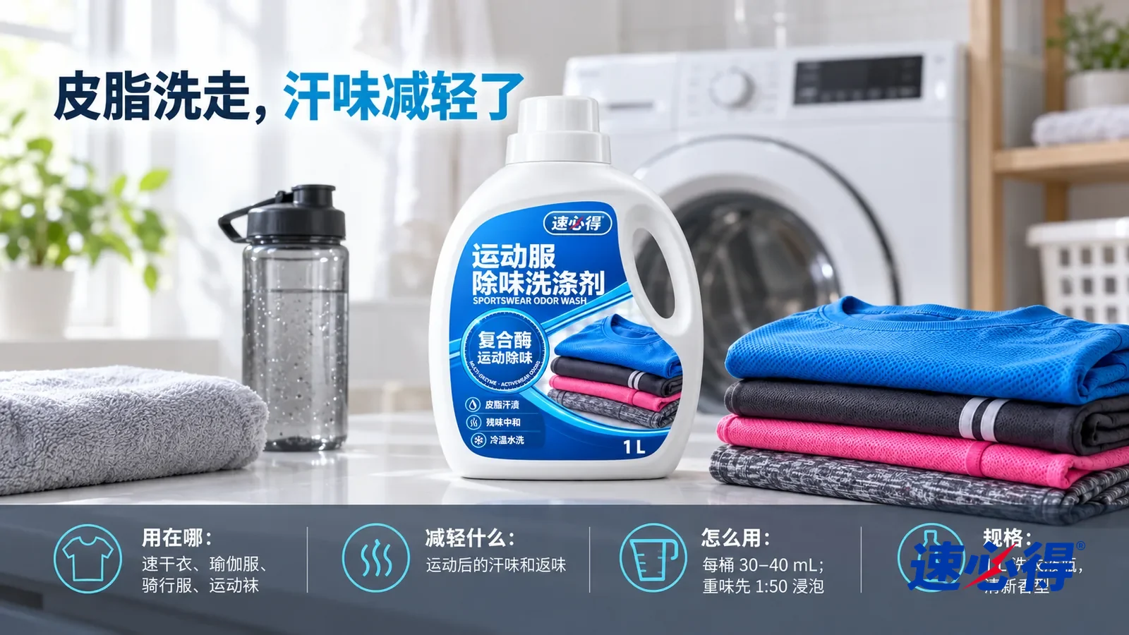 示意图：速必得运动服除味洗涤剂盖好白盖居中直立站在洗衣台面上，旁边一叠叠好的速干 T 恤（无品牌标志），身后一台无品牌标志的白色滚筒洗衣机和洗衣间向画面深处柔和虚化