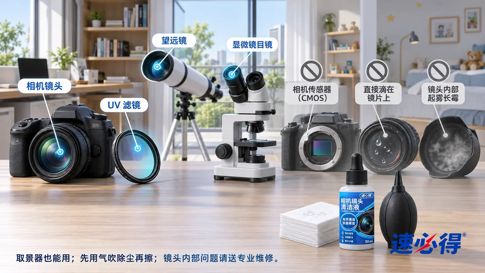 示意图：速必得相机镜头清洁液——一张写实 3D 剖面实景图，一套明亮的家的书房、阳台和儿童房区域，连续空间、一个视角，相机镜头、UV 滤镜、望远镜