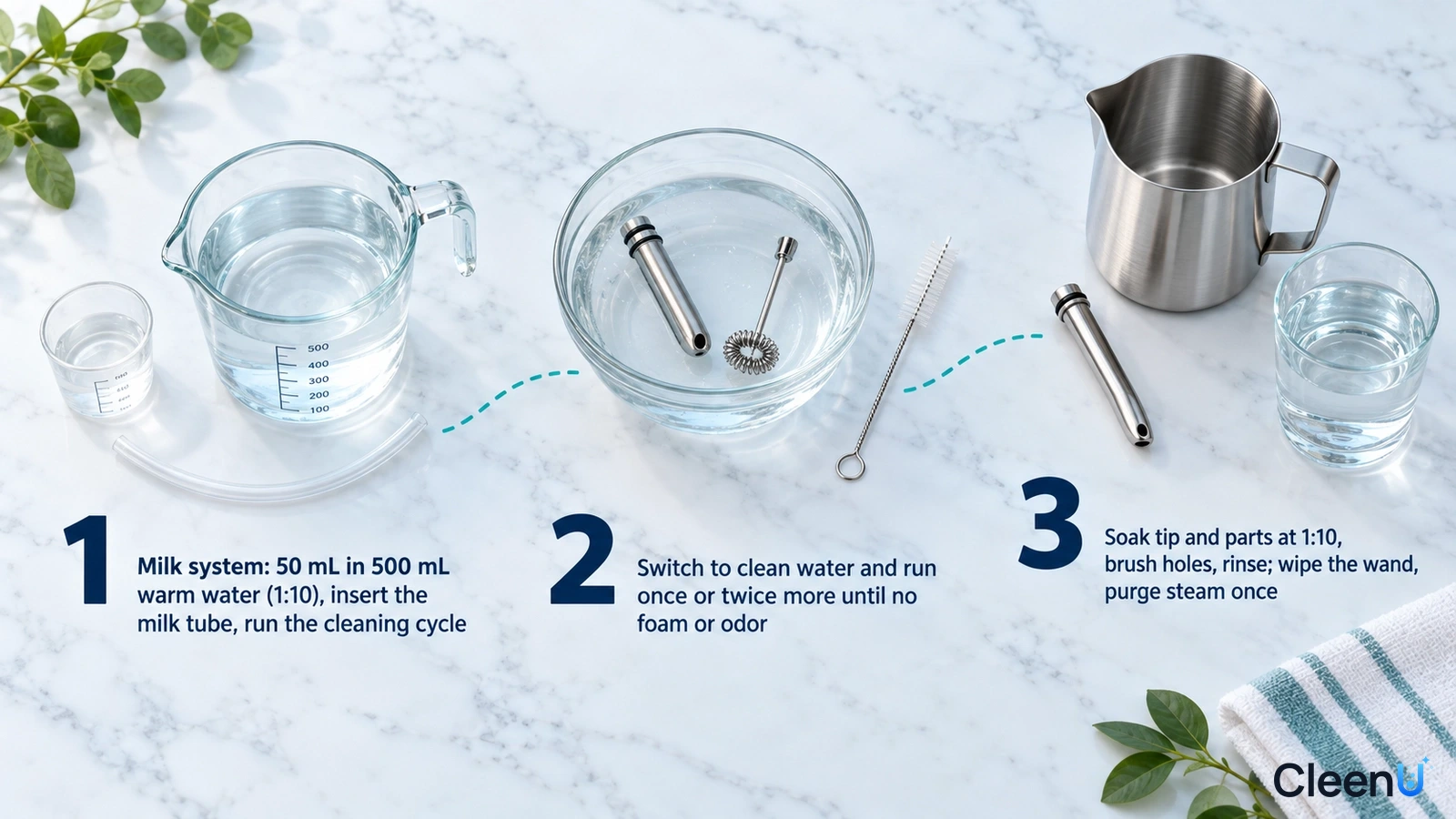 Illustration: Measuring cups, bowls, steam-wand parts and a stainless-steel milk pitcher with numbered steps.