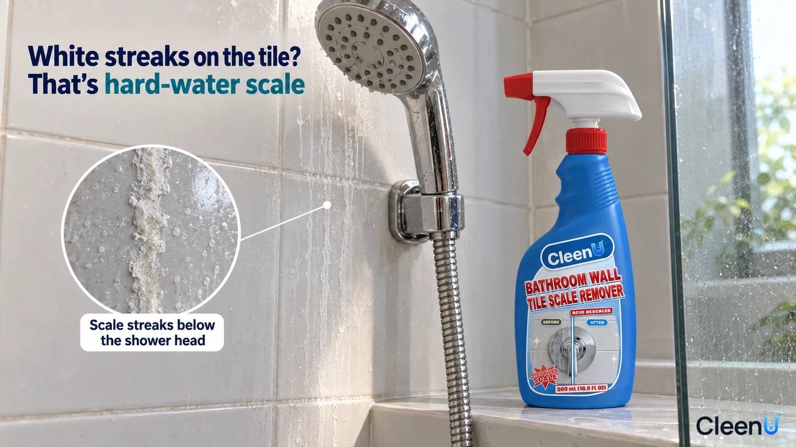 Illustration: White scale streaks on wall tiles below a shower head beside a blue cleaner bottle.