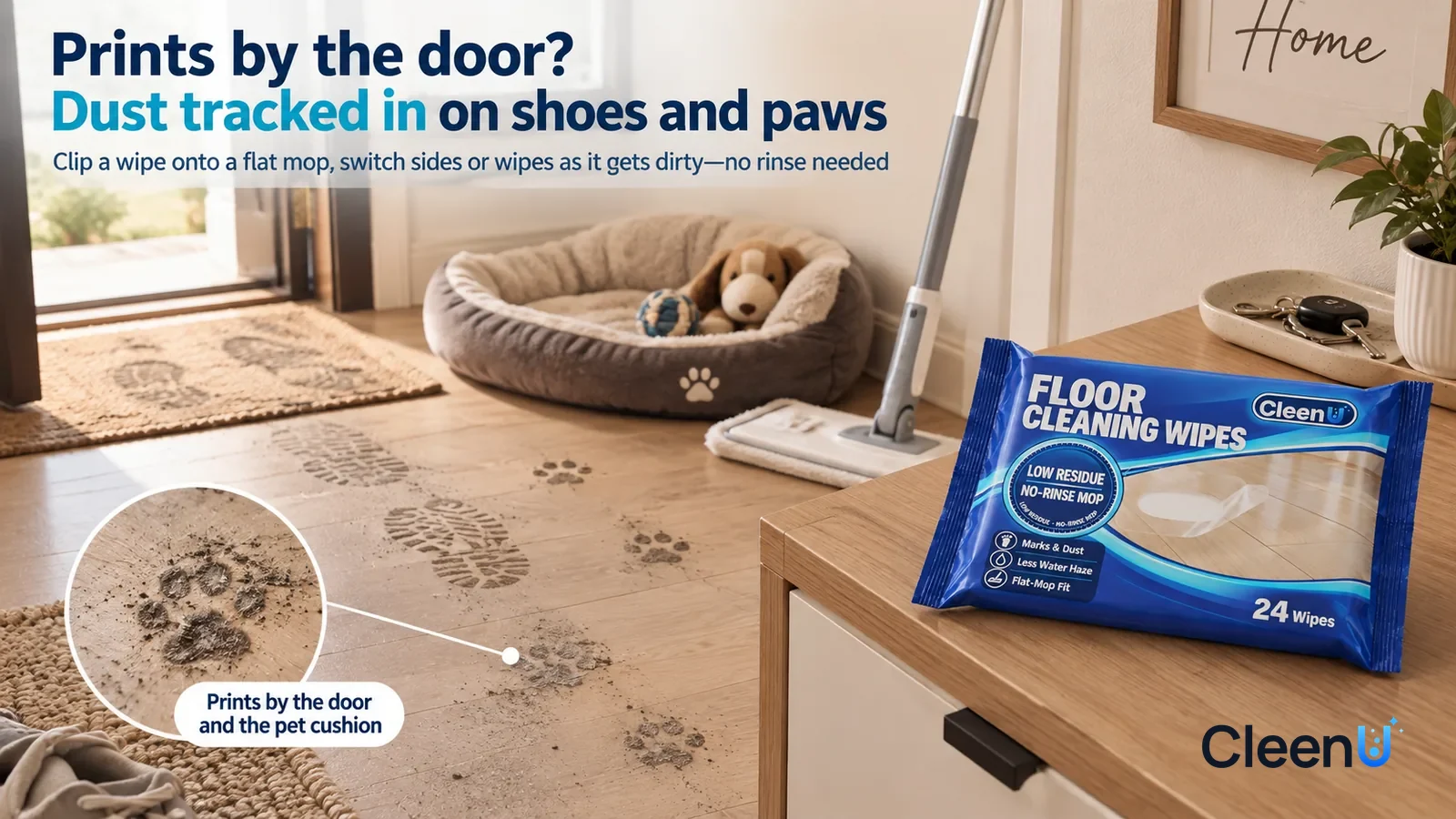 Illustration: CleenU Floor Cleaning Wipes — An everyday entryway leading into the living room, light laminate flooring; in raking light a trail of grey shoe prints at the door and a fe Headline: "Prin