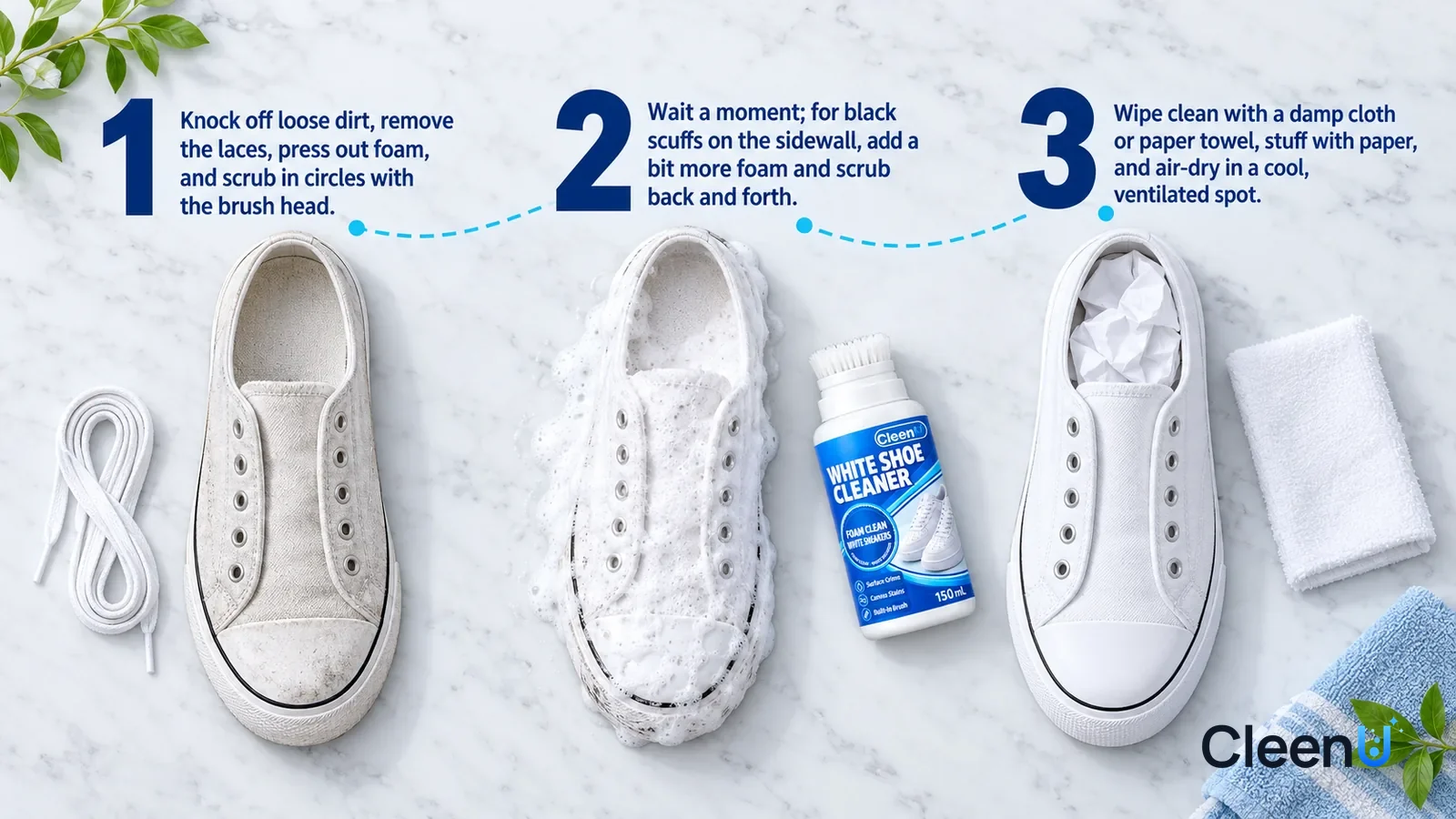 Illustration: CleenU White Shoe Cleaner — an overhead shot straight down onto a light marble tabletop, no bottle and no hands: (1) a white canvas sneaker with its laces removed and a