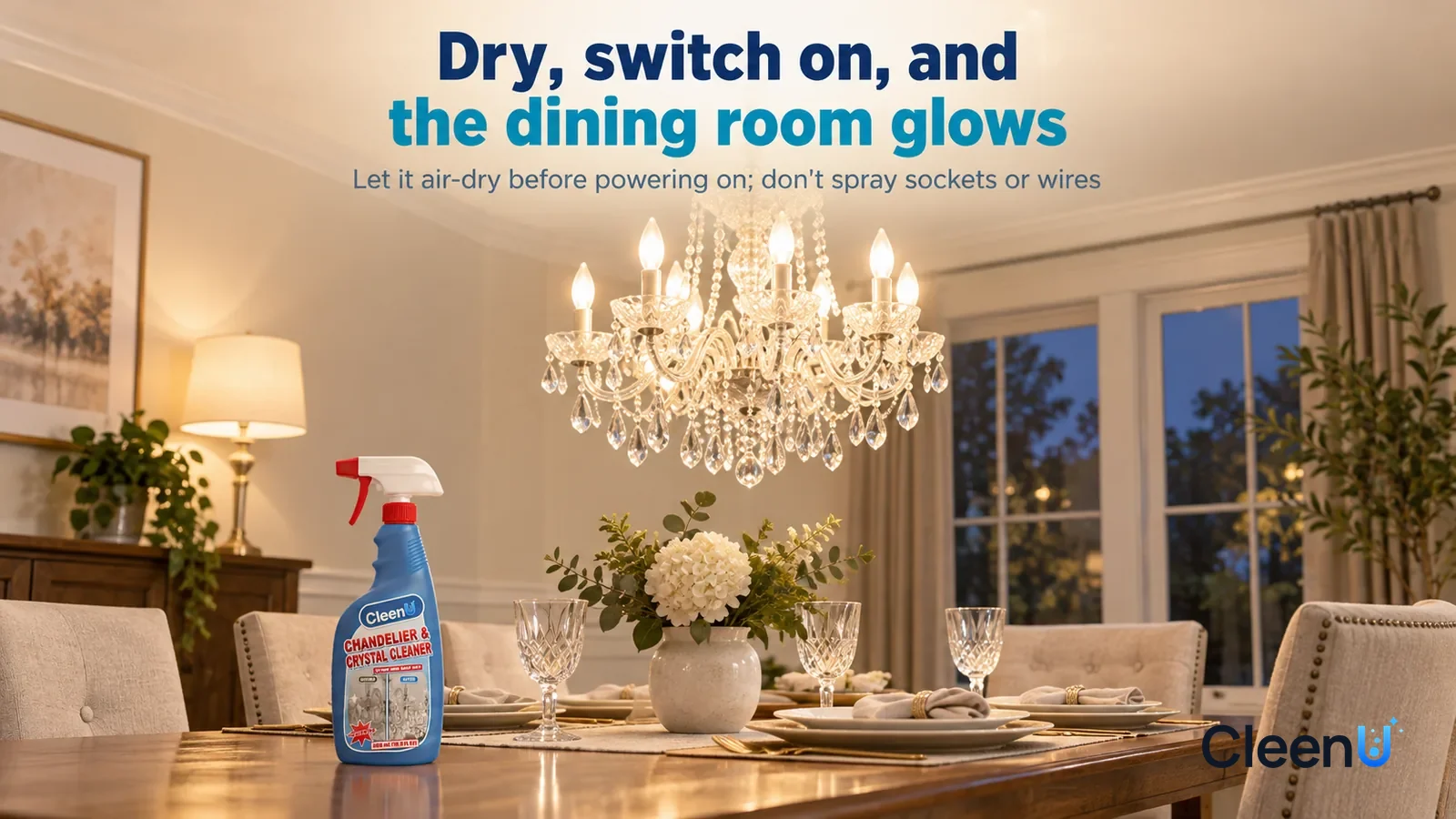 Illustration: CleenU Chandelier & Crystal Cleaner — A landscape wide shot of a cozy dining room at dusk, a clean crystal chandelier (no brand marks) above the table glowing warm Headline: "Dry, switch