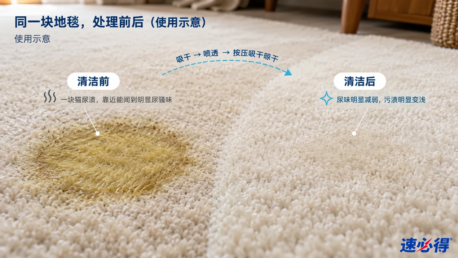示意图:地毯黄色尿渍与较浅区域的处理对照示意,不能由图片核验气味。