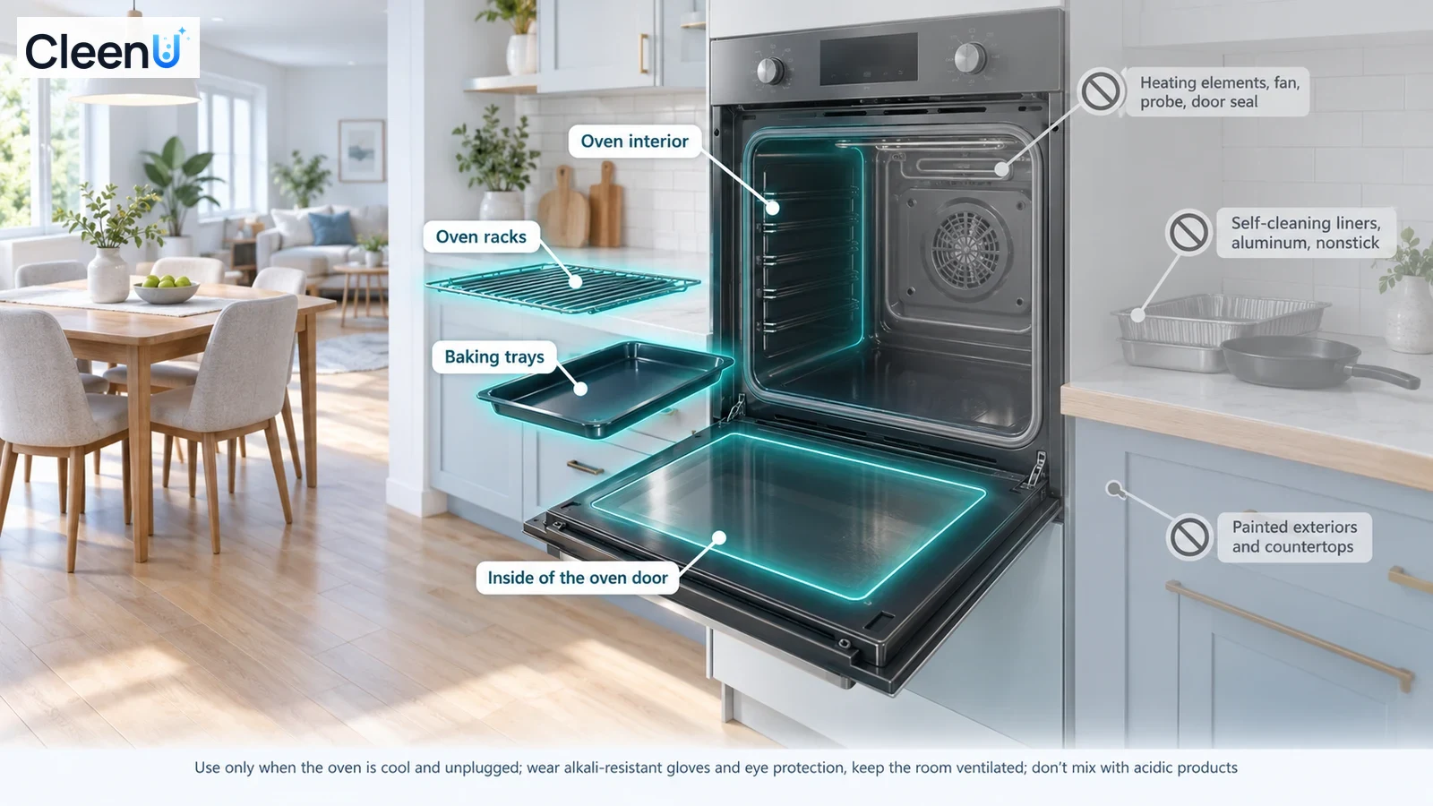 Illustration: Highlighted oven interior, racks, trays and inner door beside component precautions.