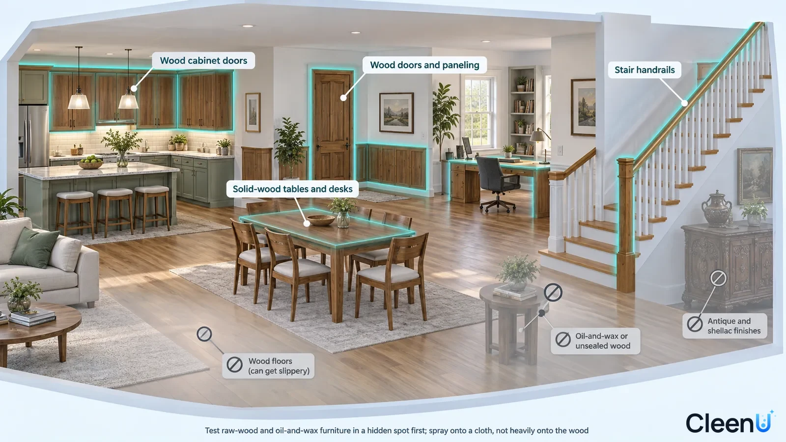 Illustration: Highlighted wooden cabinets, furniture, interior doors and stair rails beside wood precautions.