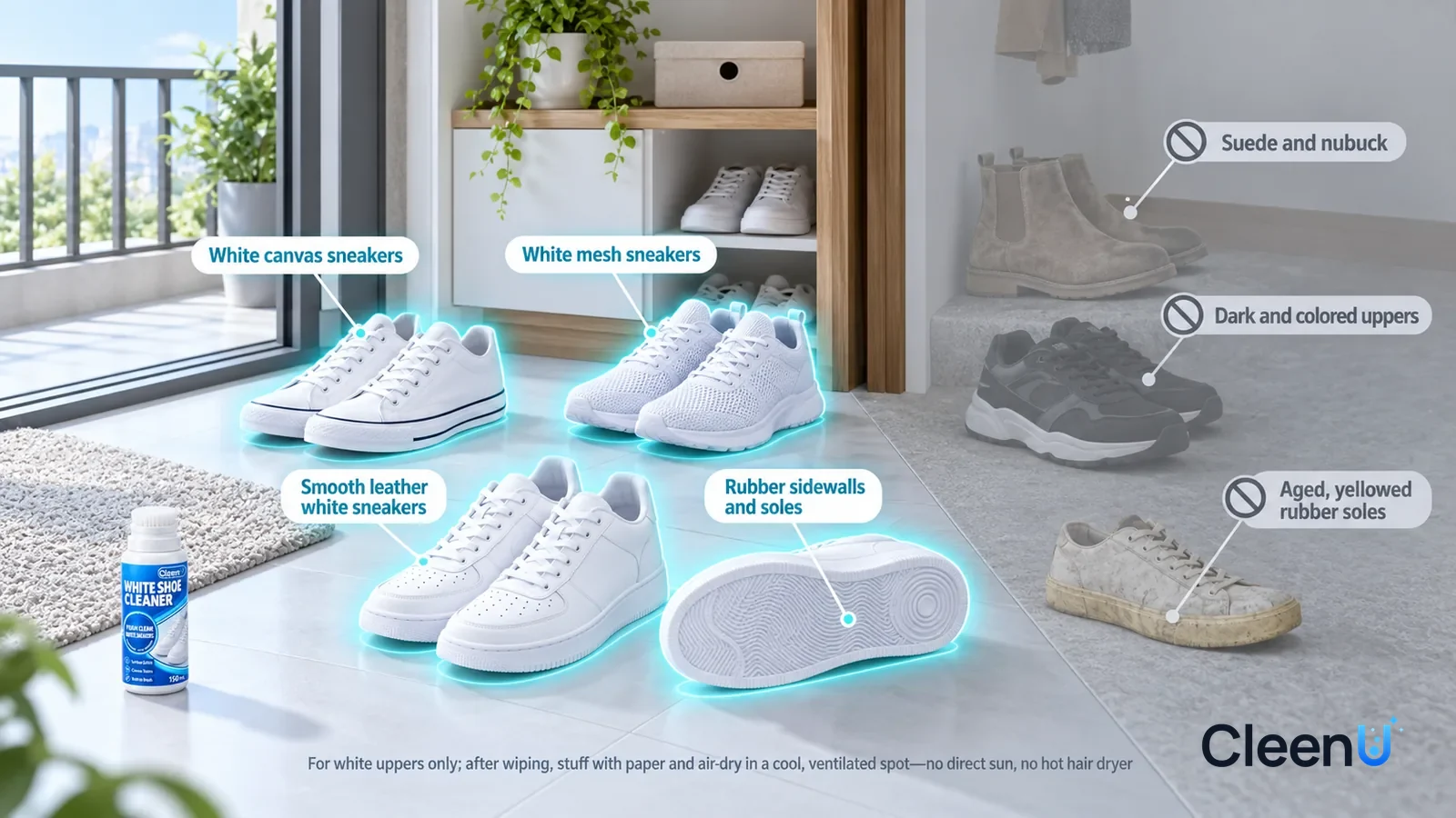 Illustration: CleenU White Shoe Cleaner — A realistic 3D cutaway of a bright home's entryway, shoe closet, and balcony, one continuous space from one viewpoint