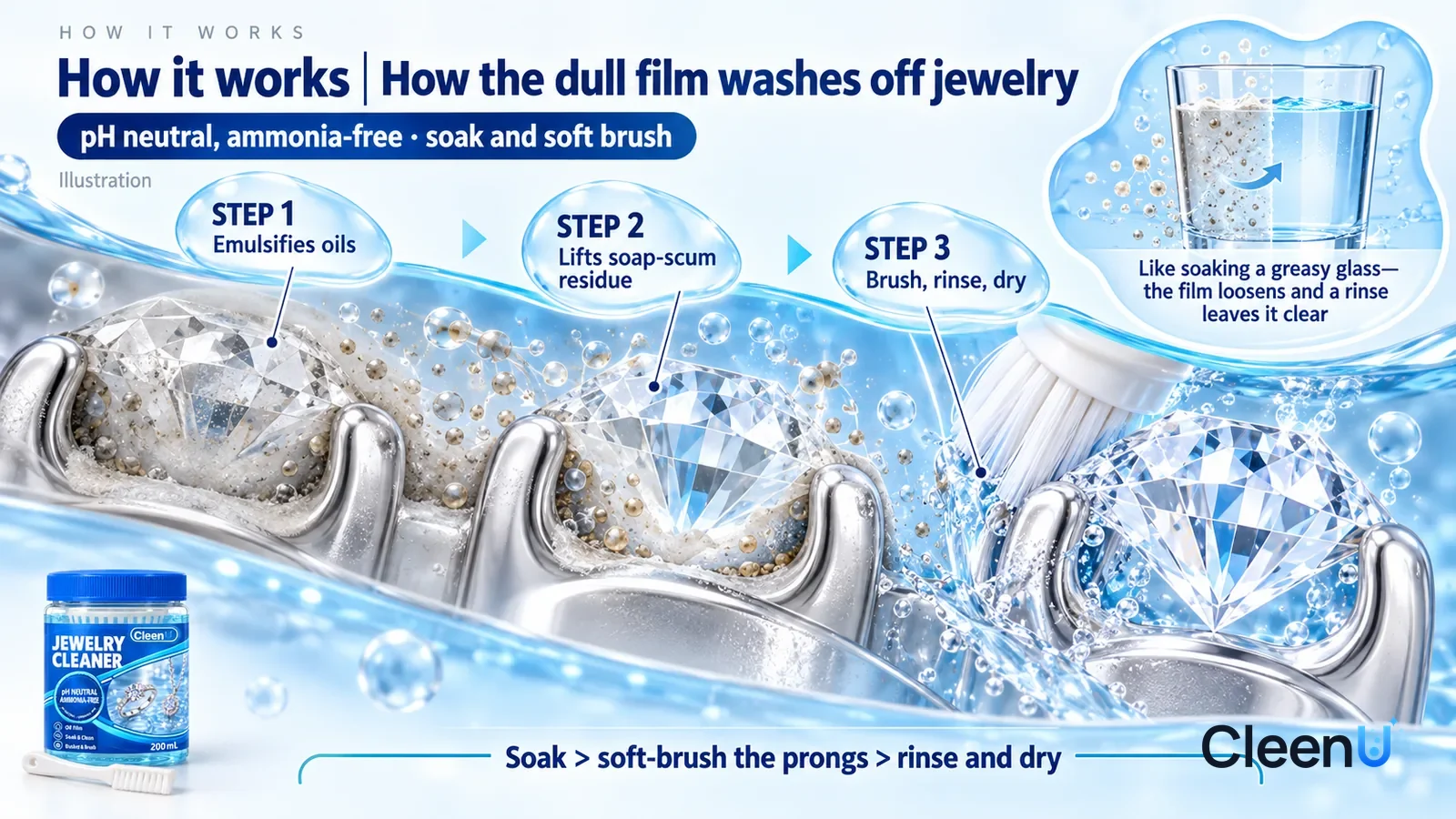 Illustration: CleenU Jewelry Cleaner — an enormously magnified cross-section of a set diamond and its metal prongs runs diagonally from upper left to lower right; on the left a gr